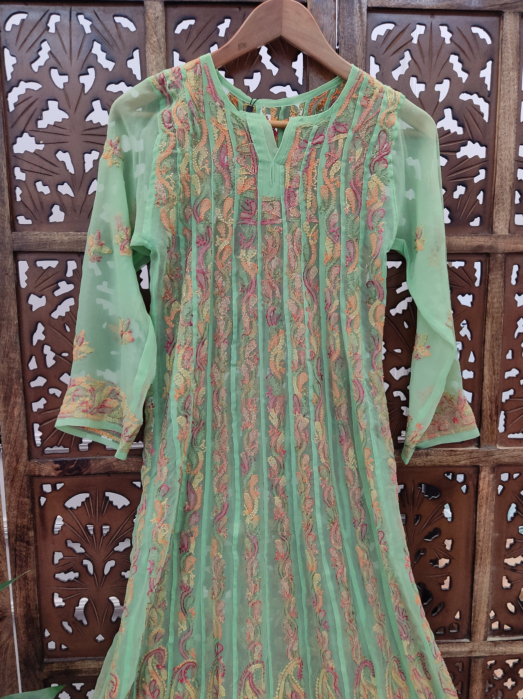 Green Georgette Chikankari Anarkali Kurti