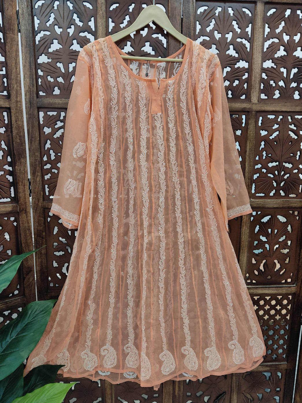 Peach Georgette Chikankari Anarkali Kurti