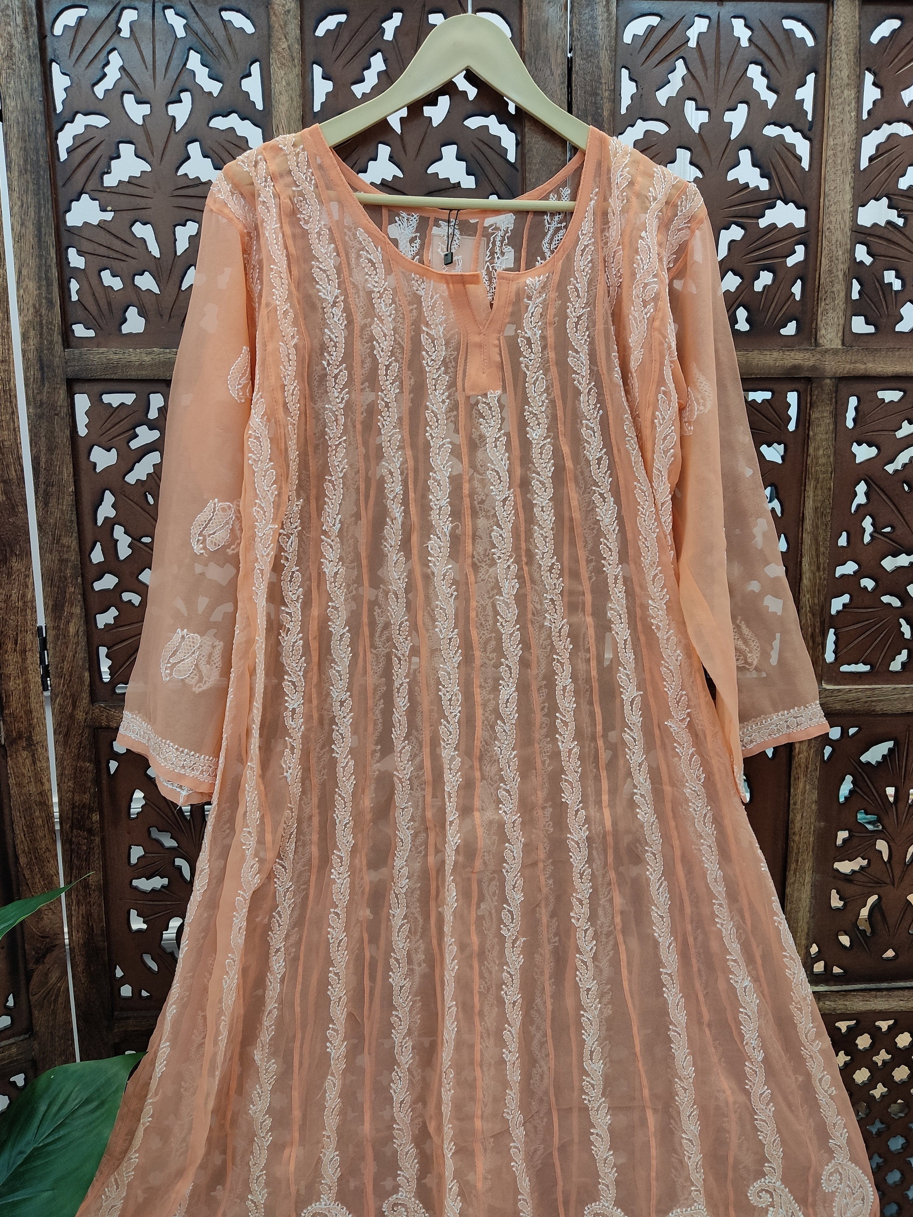 Peach Georgette Chikankari Anarkali Kurti