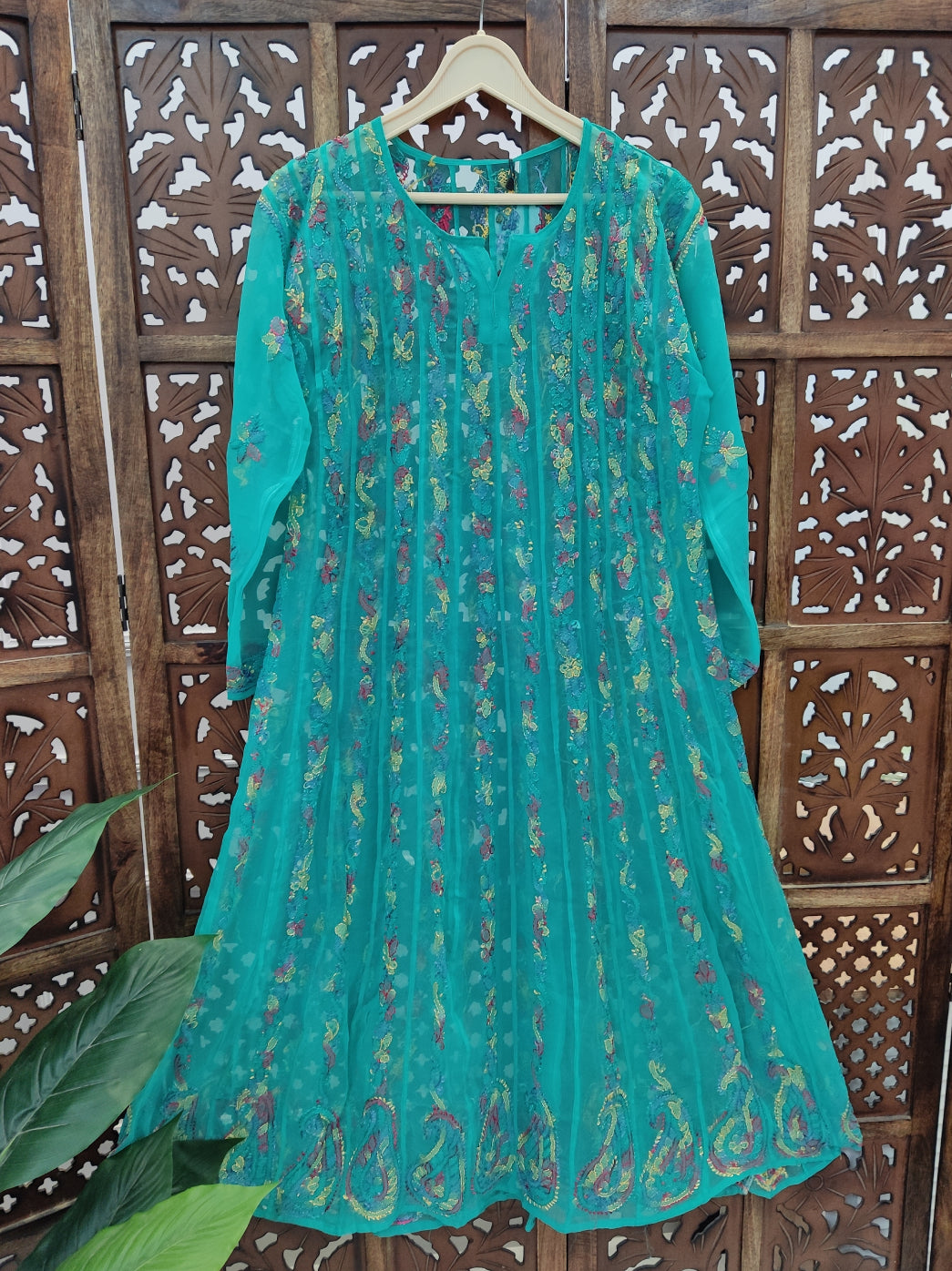 Teal Green Georgette Chikankari Anarkali Kurti