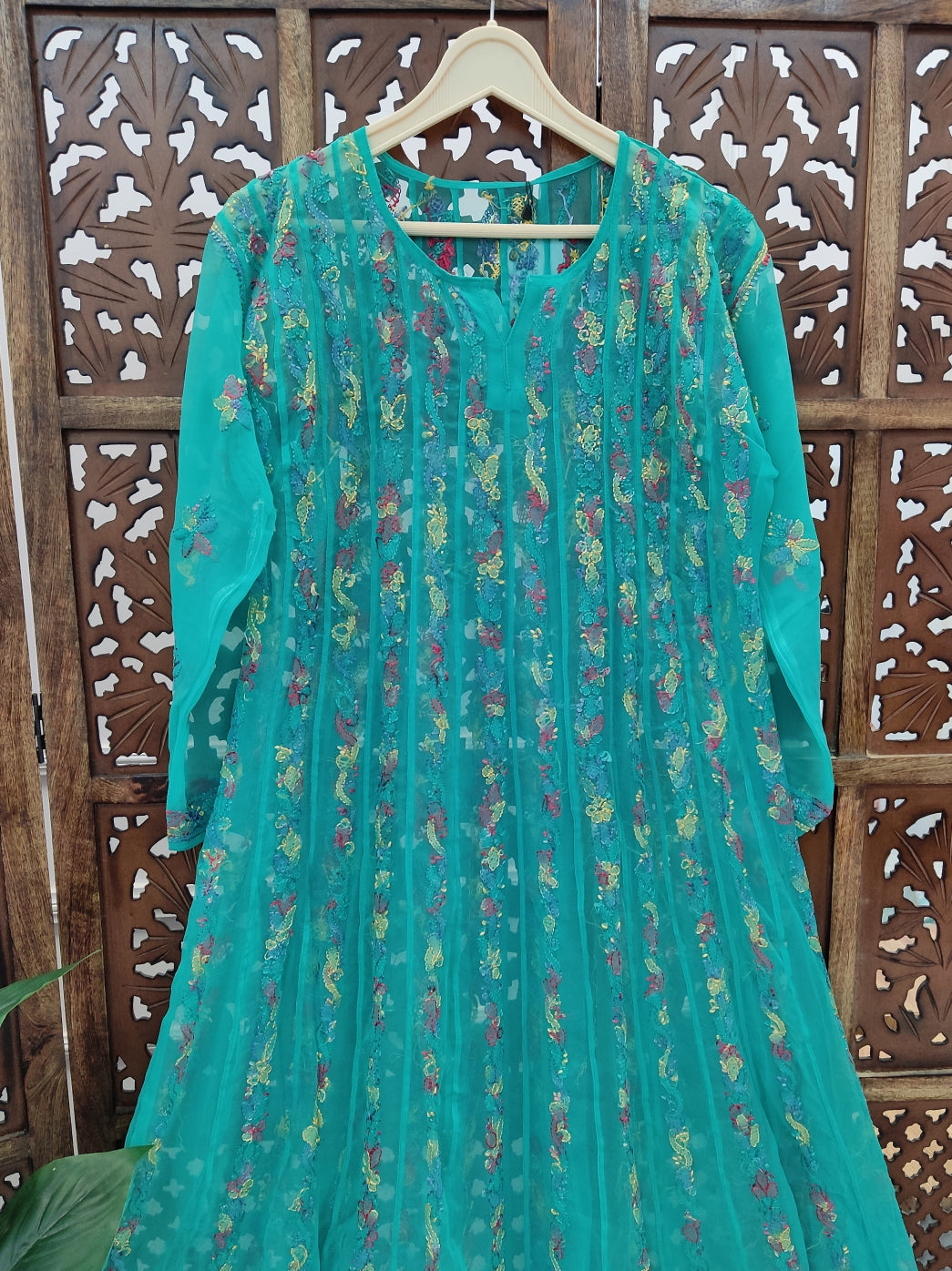 Teal Green Georgette Chikankari Anarkali Kurti