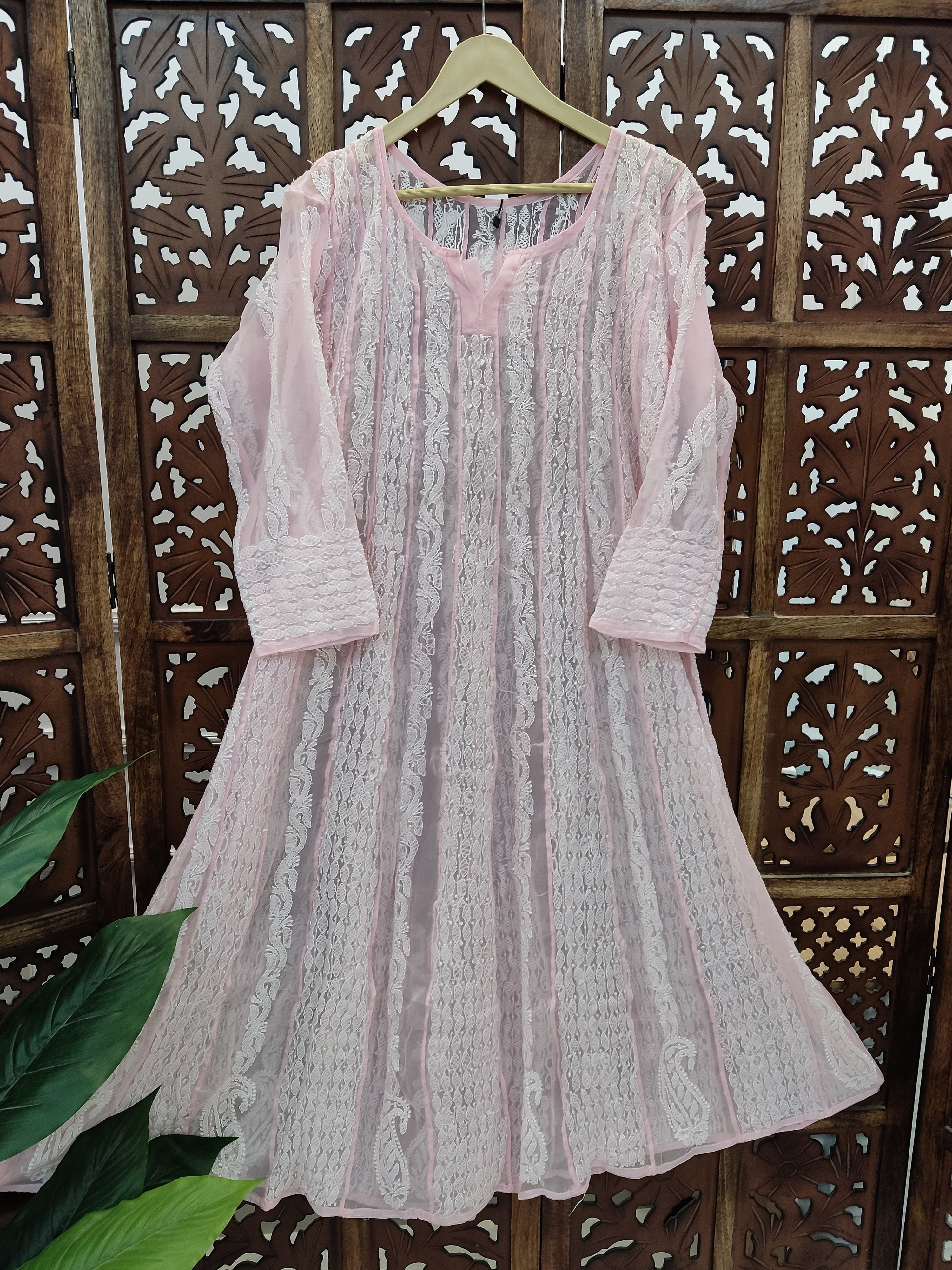 Baby Pink Georgette Chikankari Anarkali Kurti