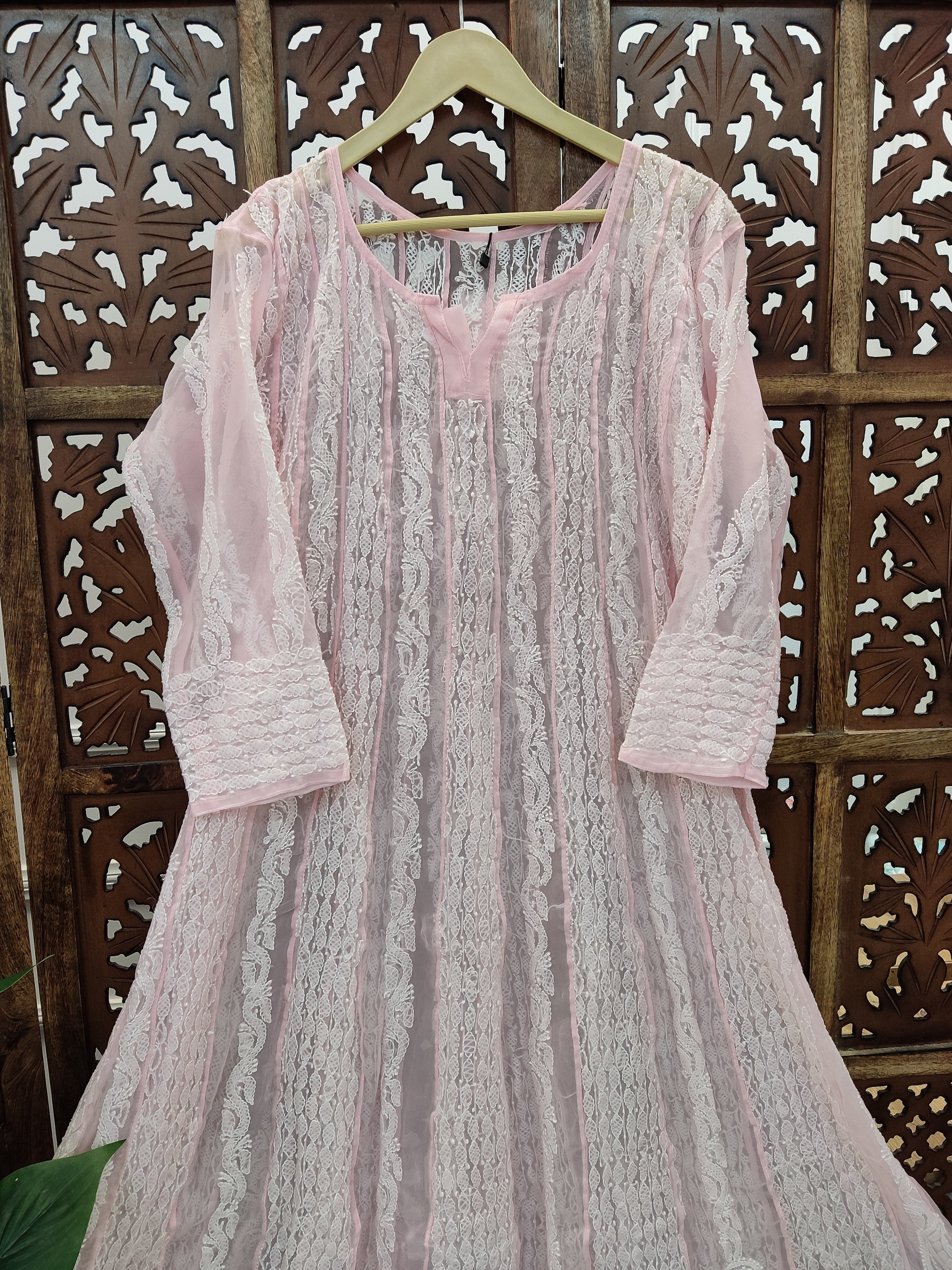 Baby Pink Georgette Chikankari Anarkali Kurti