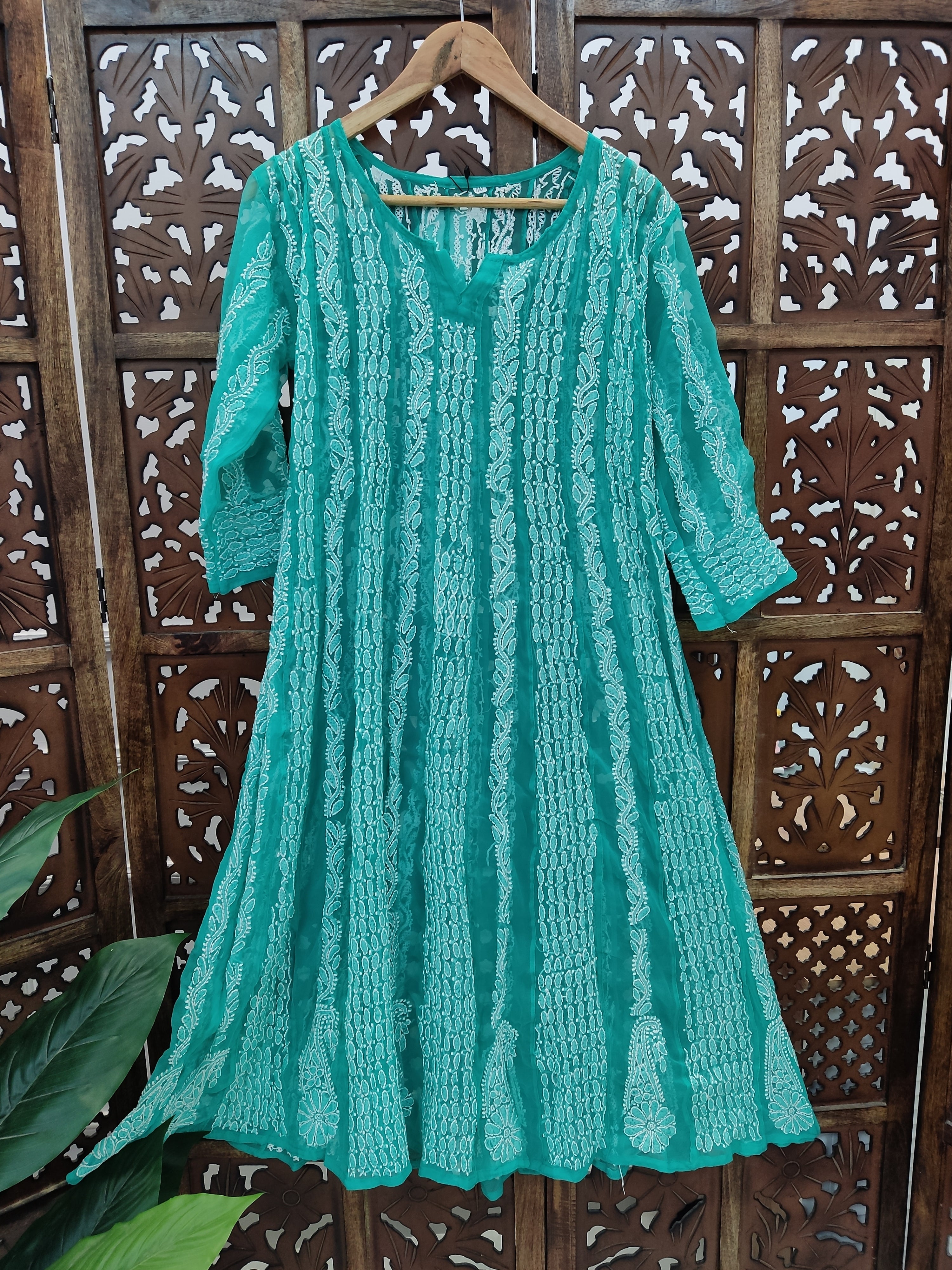 Sea Green Georgette Chikankari Anarkali Kurti