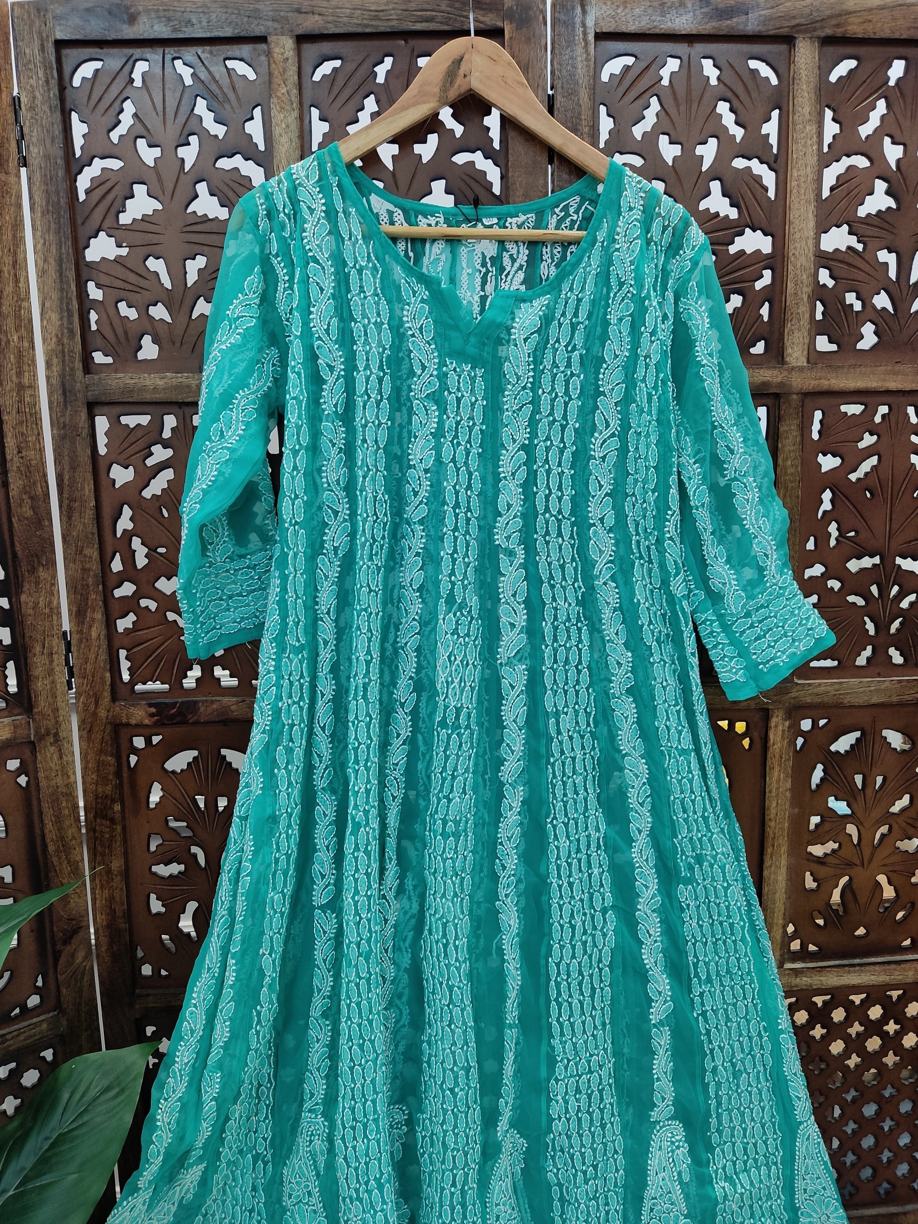 Sea Green Georgette Chikankari Anarkali Kurti