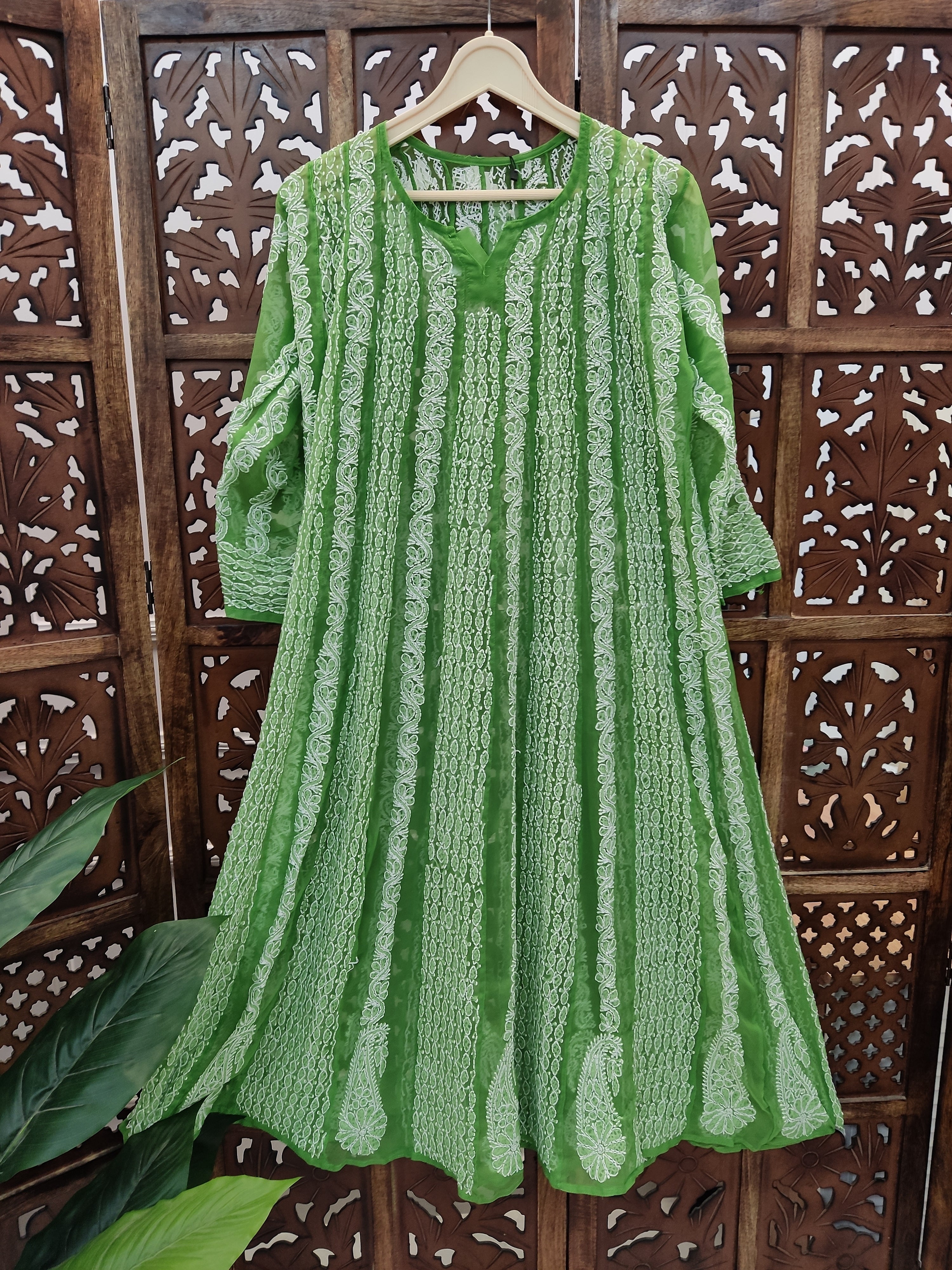 Green Georgette Chikankari Anarkali Kurti