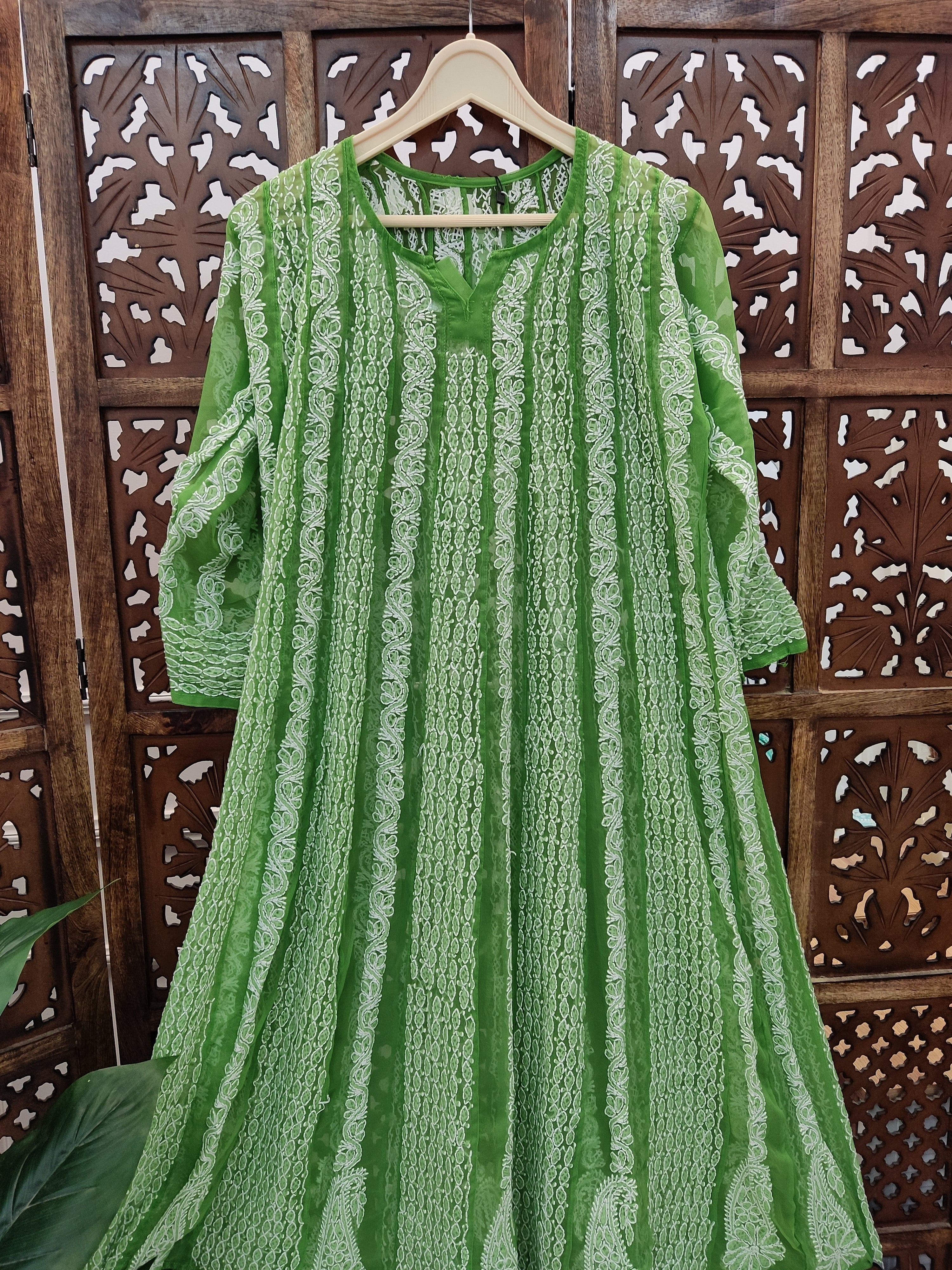 Green Georgette Chikankari Anarkali Kurti