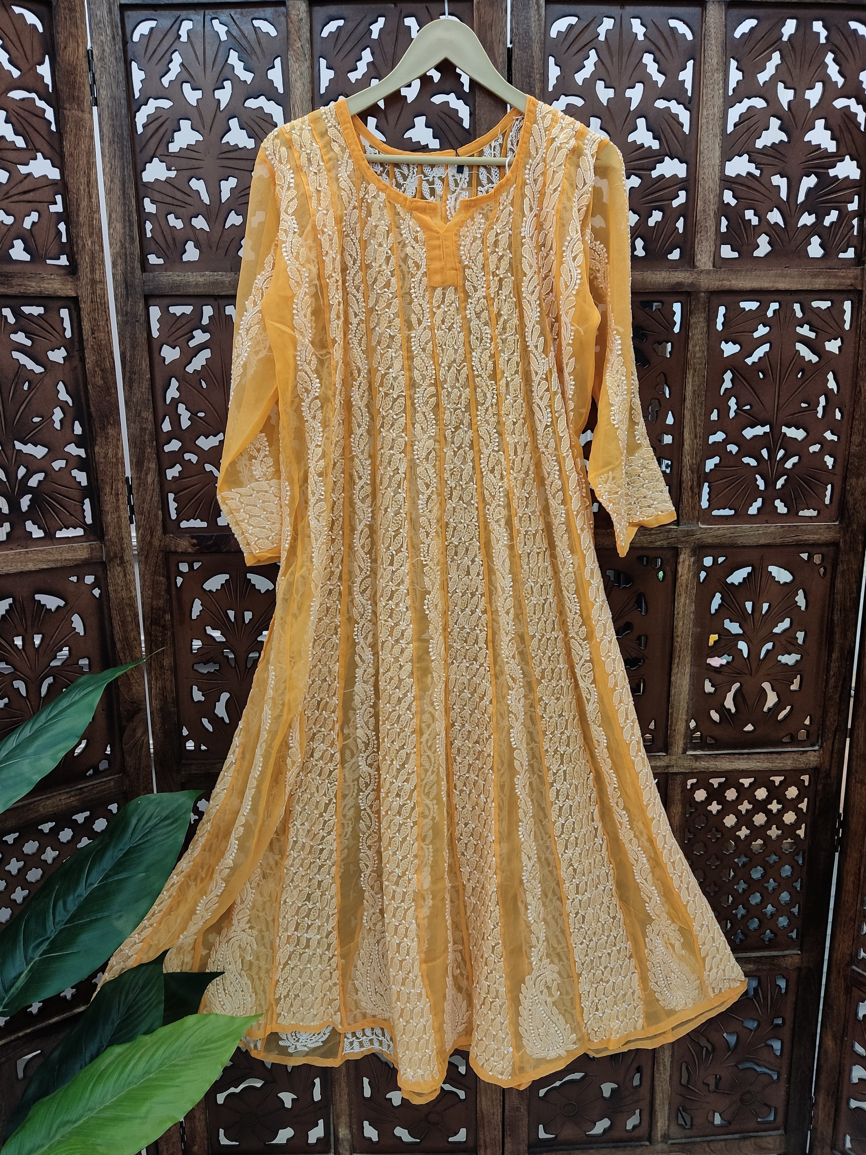 Mustard Yellow Georgette Chikankari Anarkali Kurti