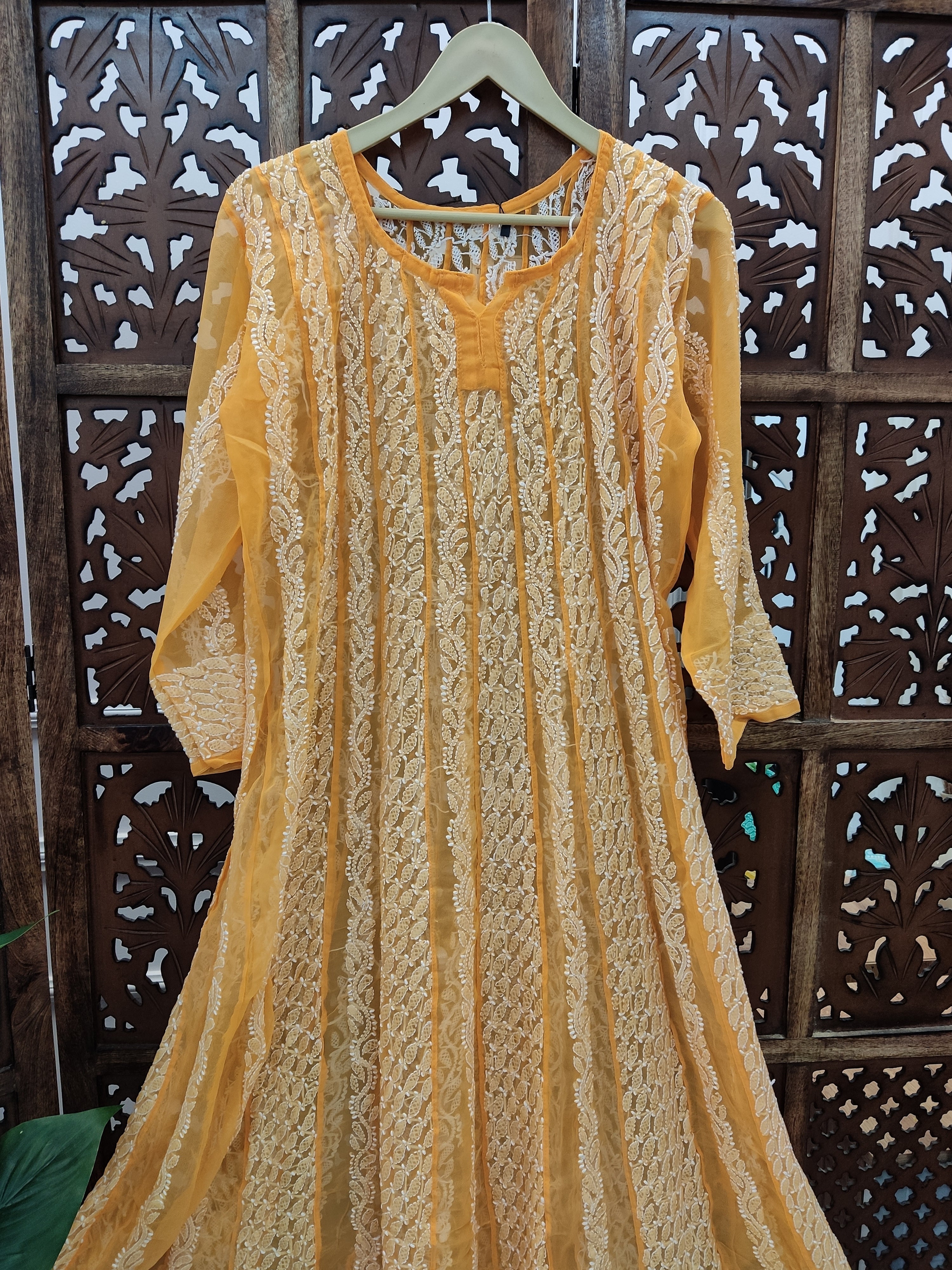 Mustard Yellow Georgette Chikankari Anarkali Kurti