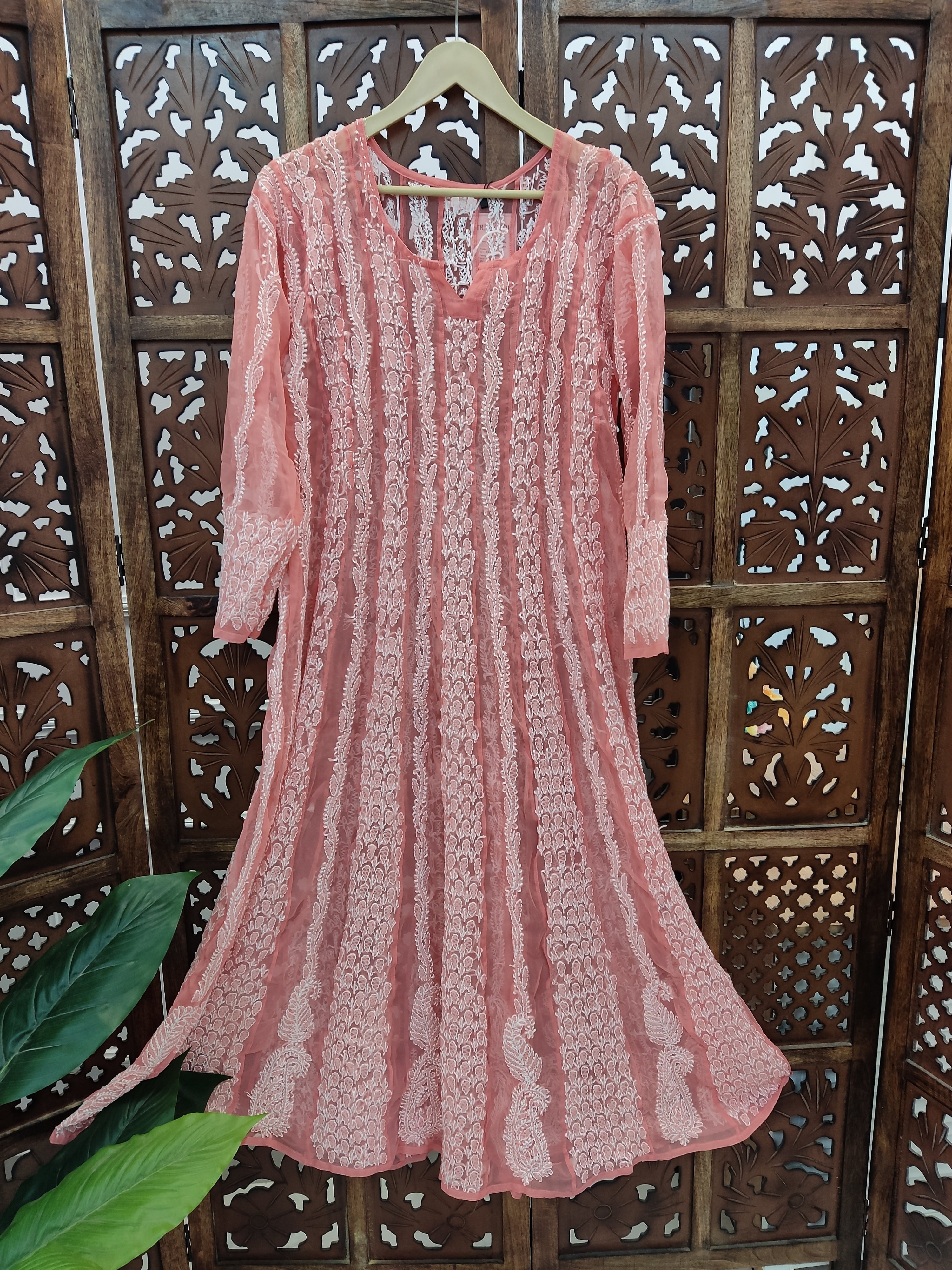 Peach Georgette Chikankari Anarkali Kurti