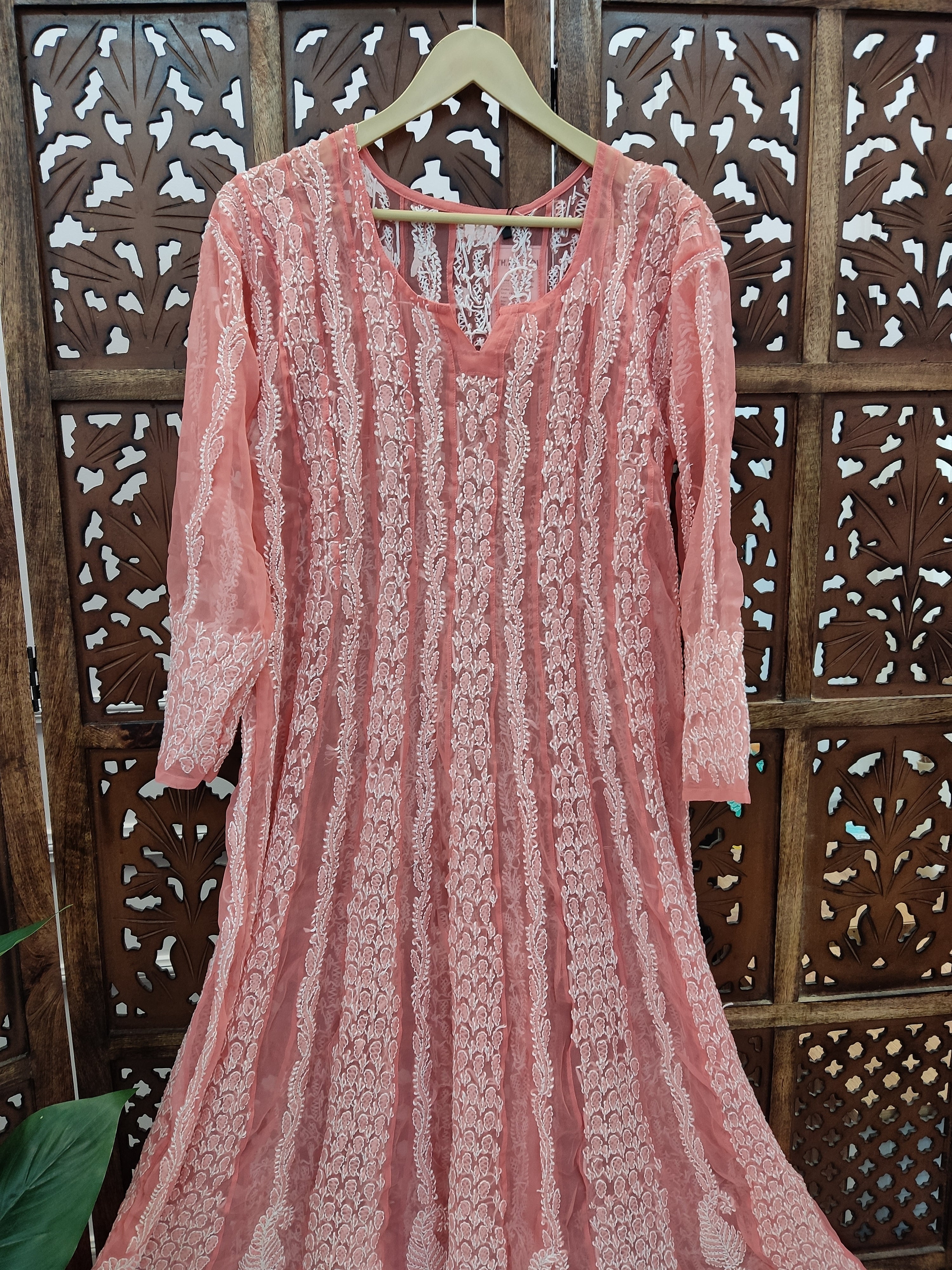 Peach Georgette Chikankari Anarkali Kurti