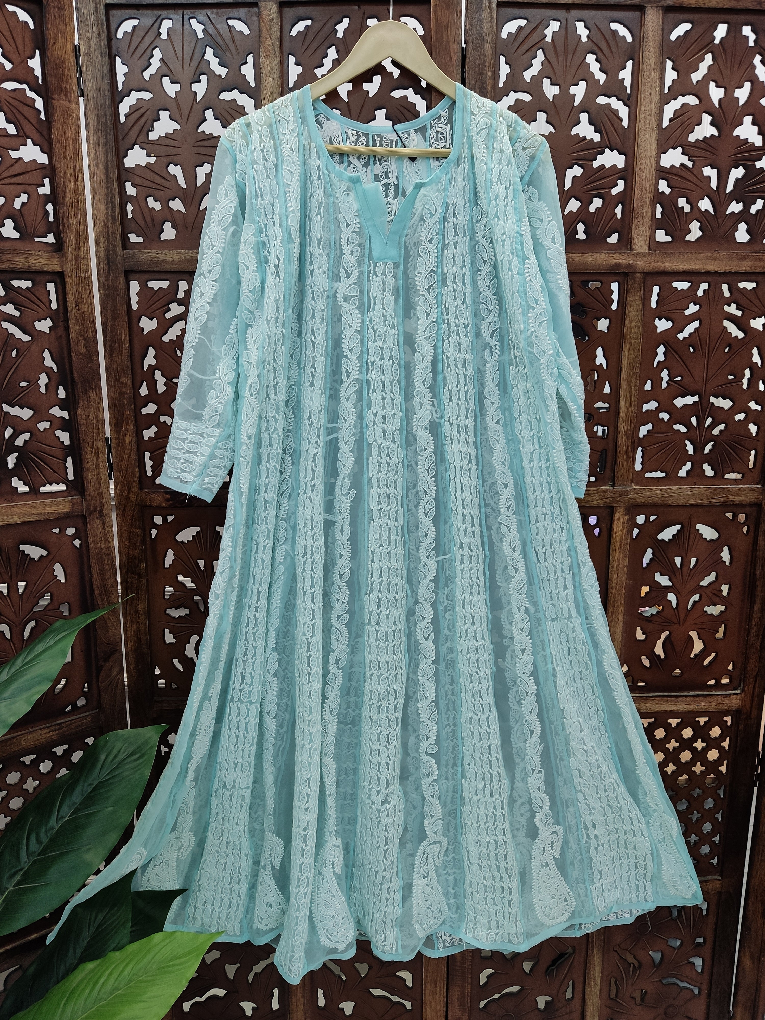 Sky Blue Georgette Chikankari Anarkali Kurti