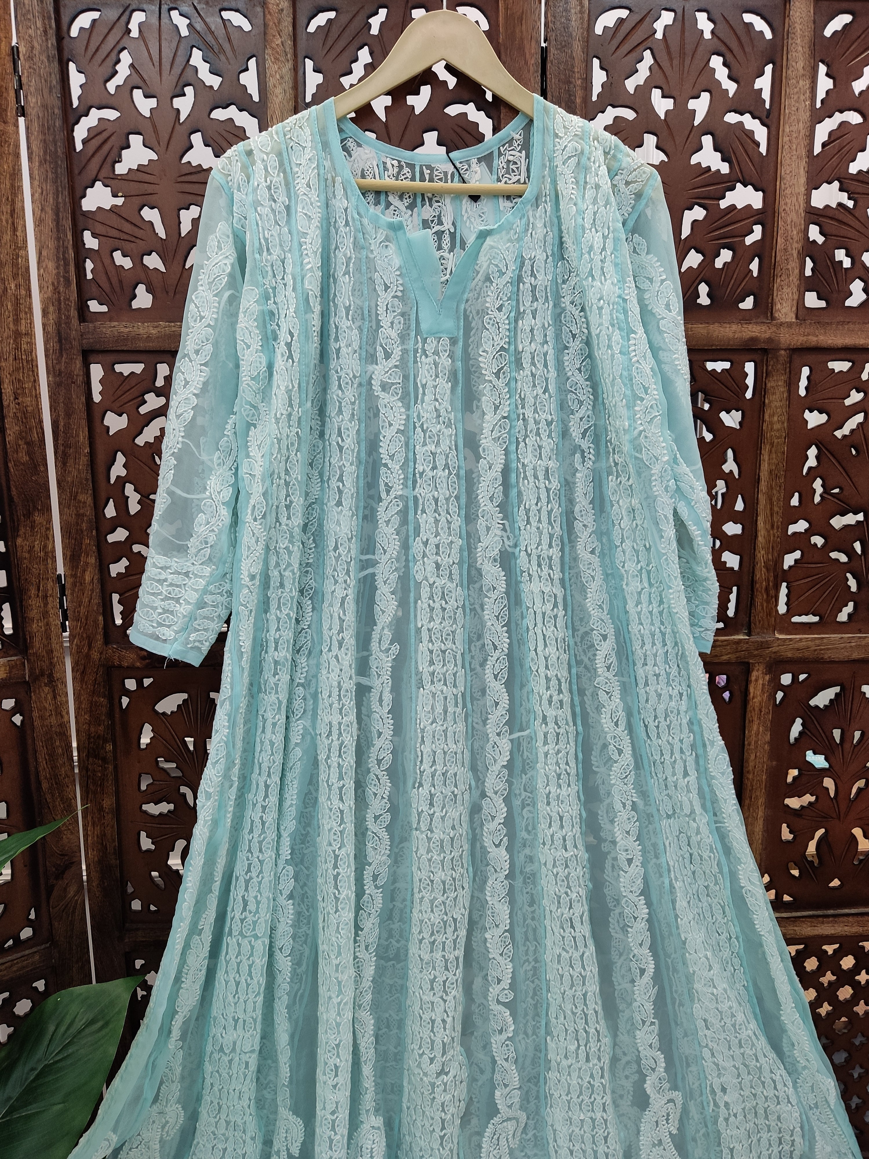 Sky Blue Georgette Chikankari Anarkali Kurti