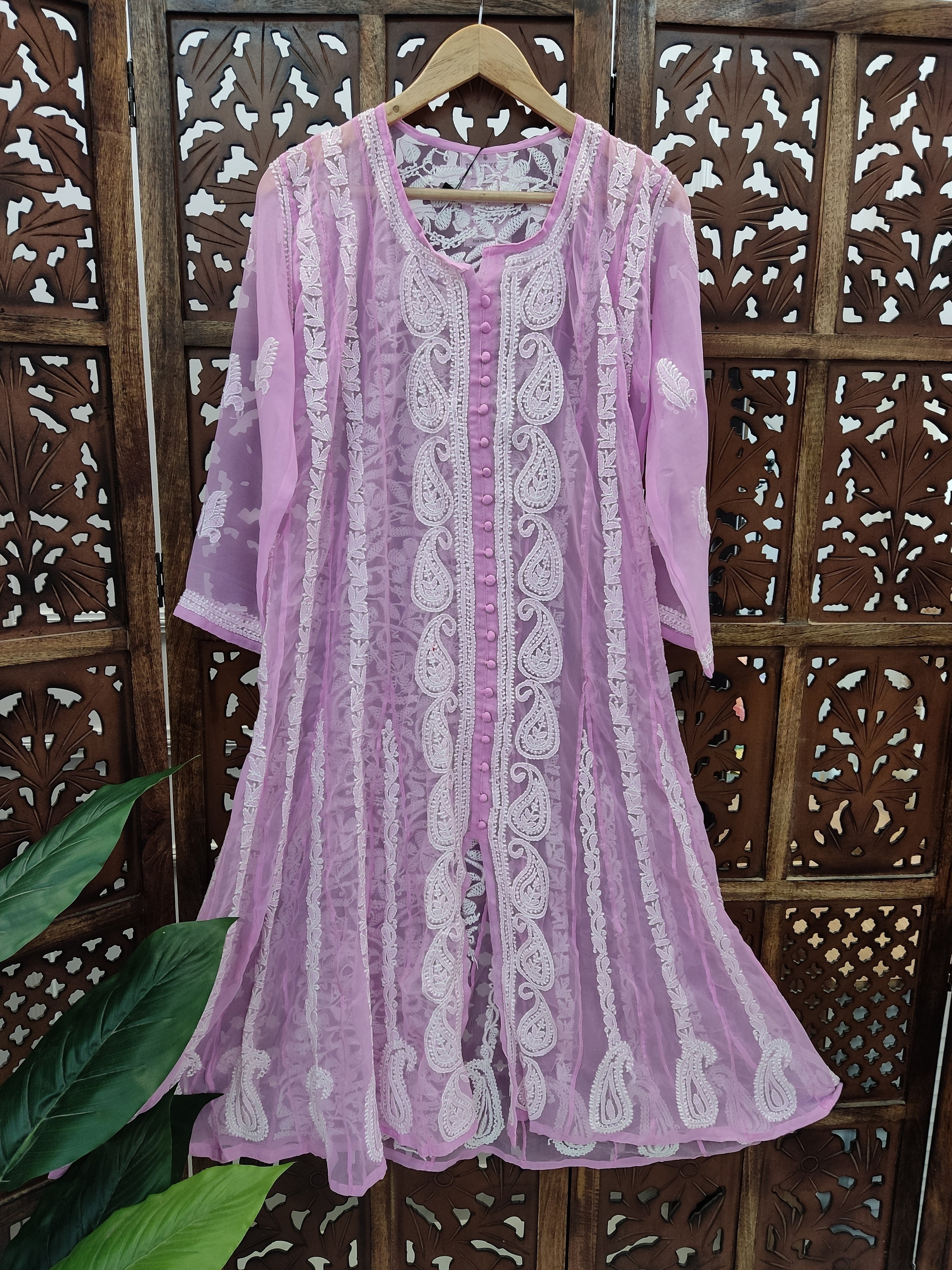 Pink Georgette Chikankari Straight Kurti