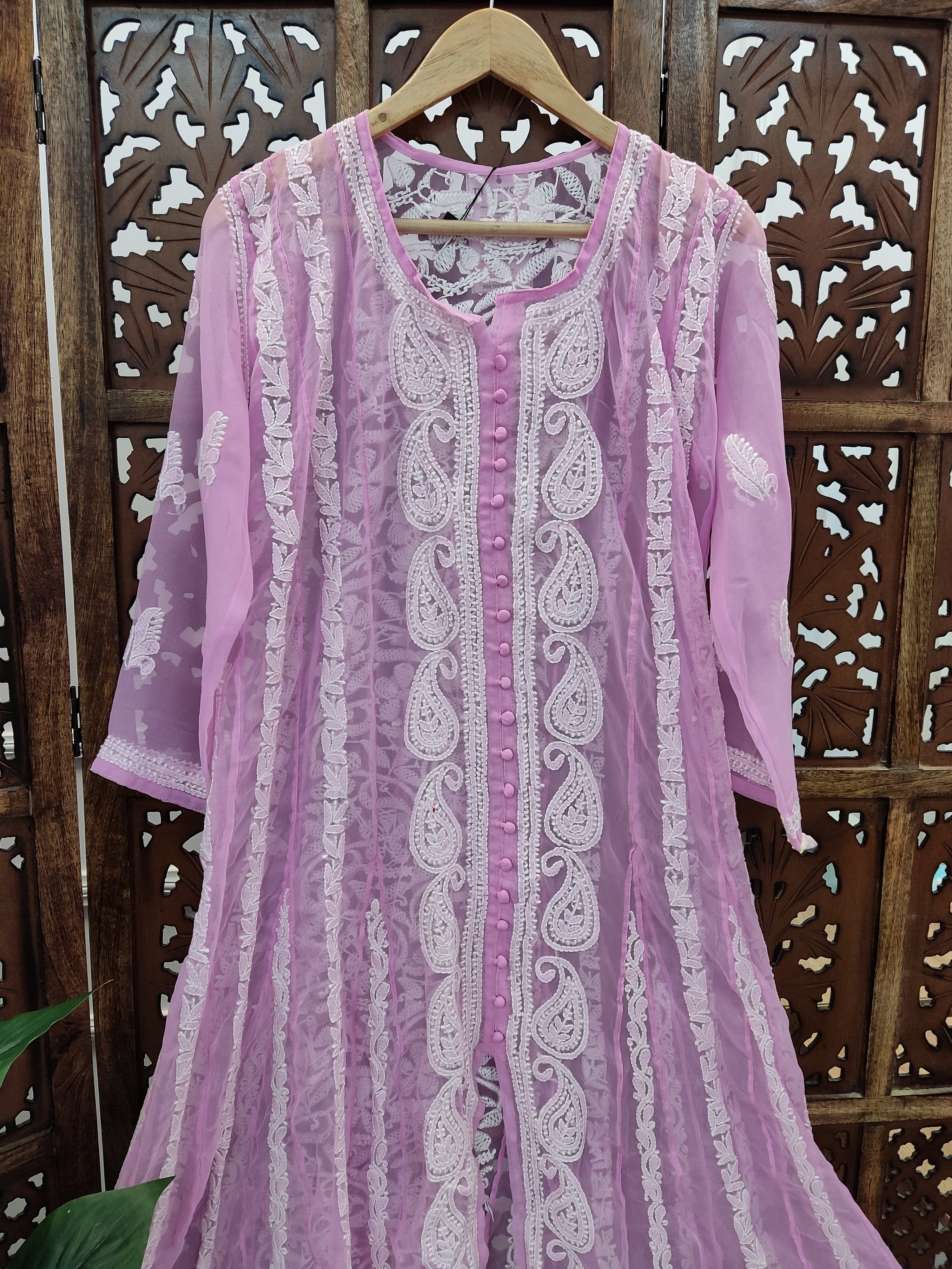 Pink Georgette Chikankari Straight Kurti