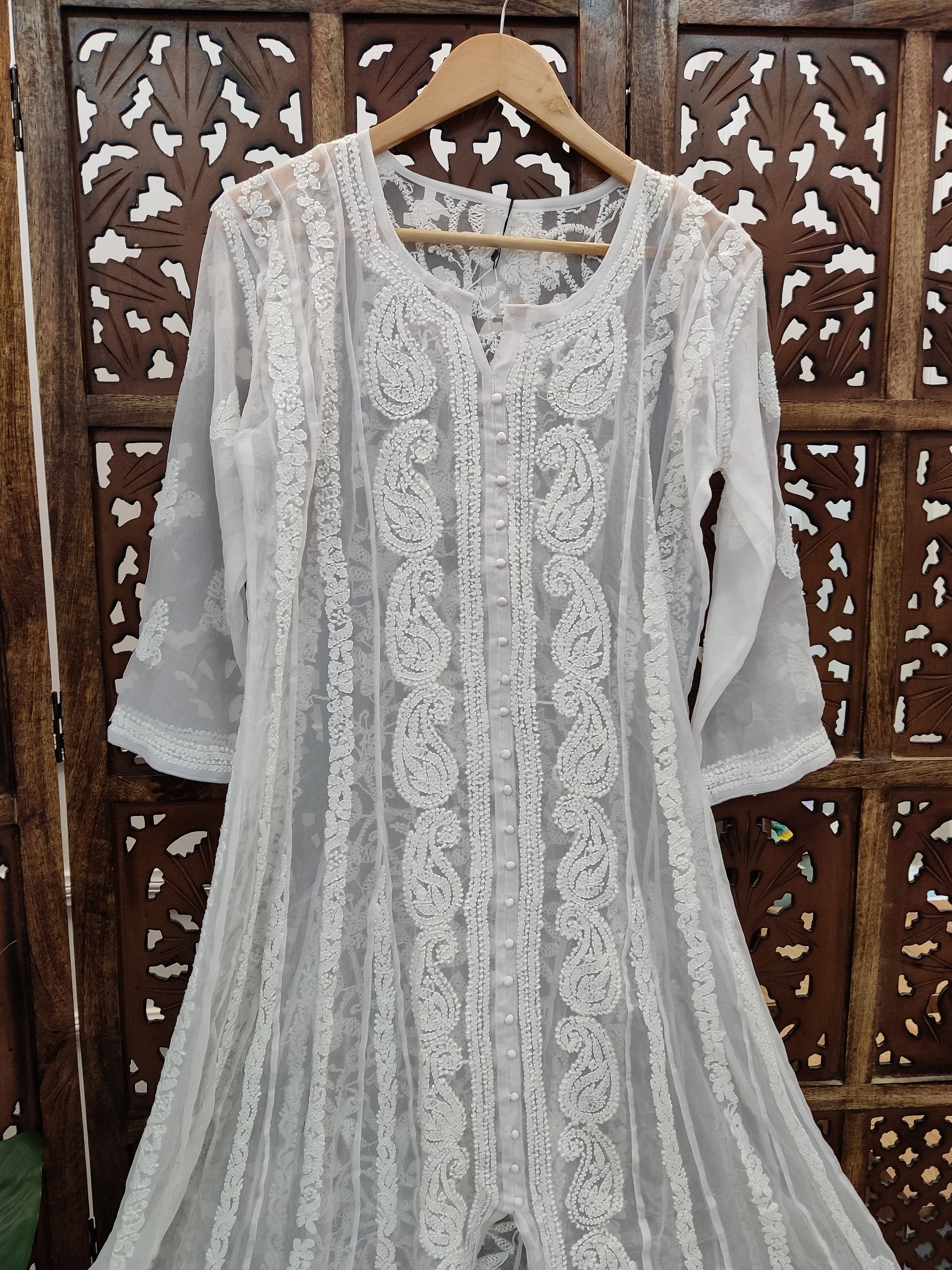 White Georgette Chikankari Straight Kurti