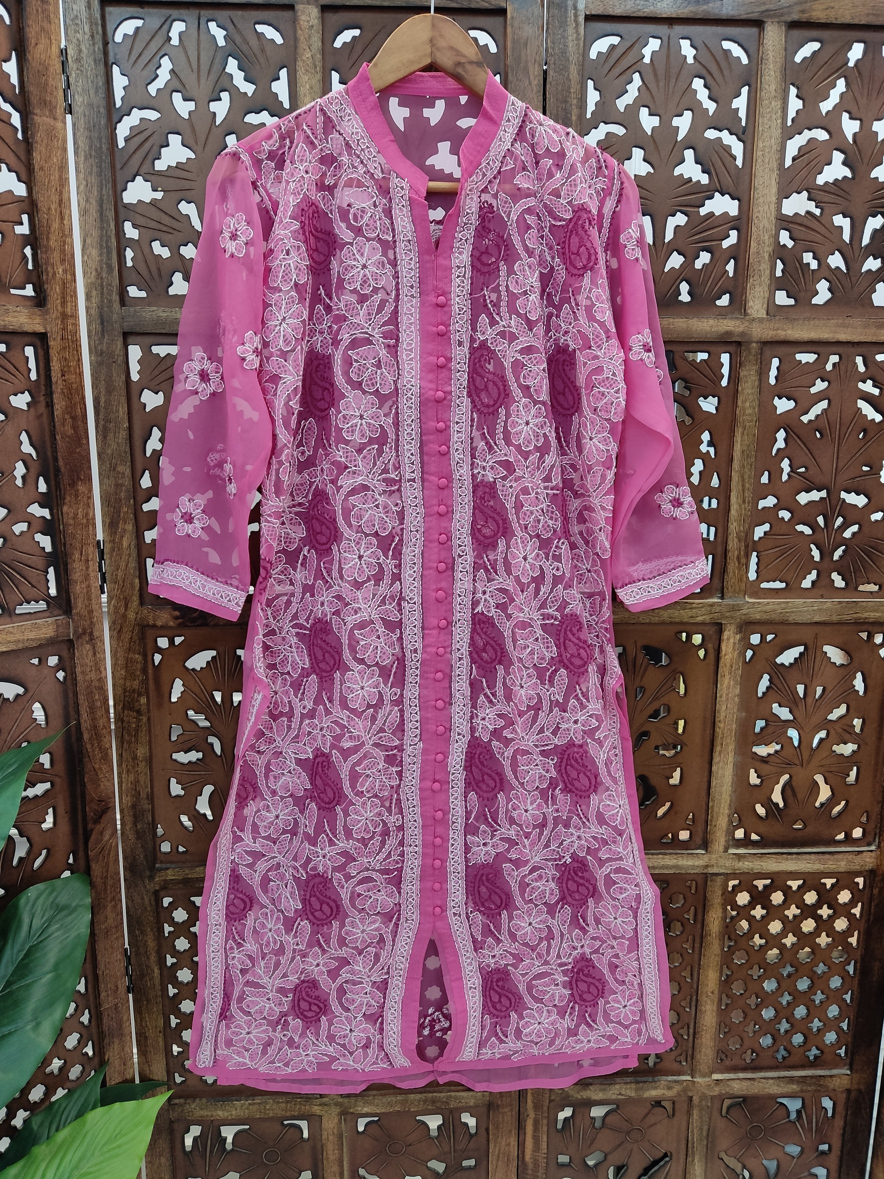 Rani Pink Georgette Chikankari Straight Kurti