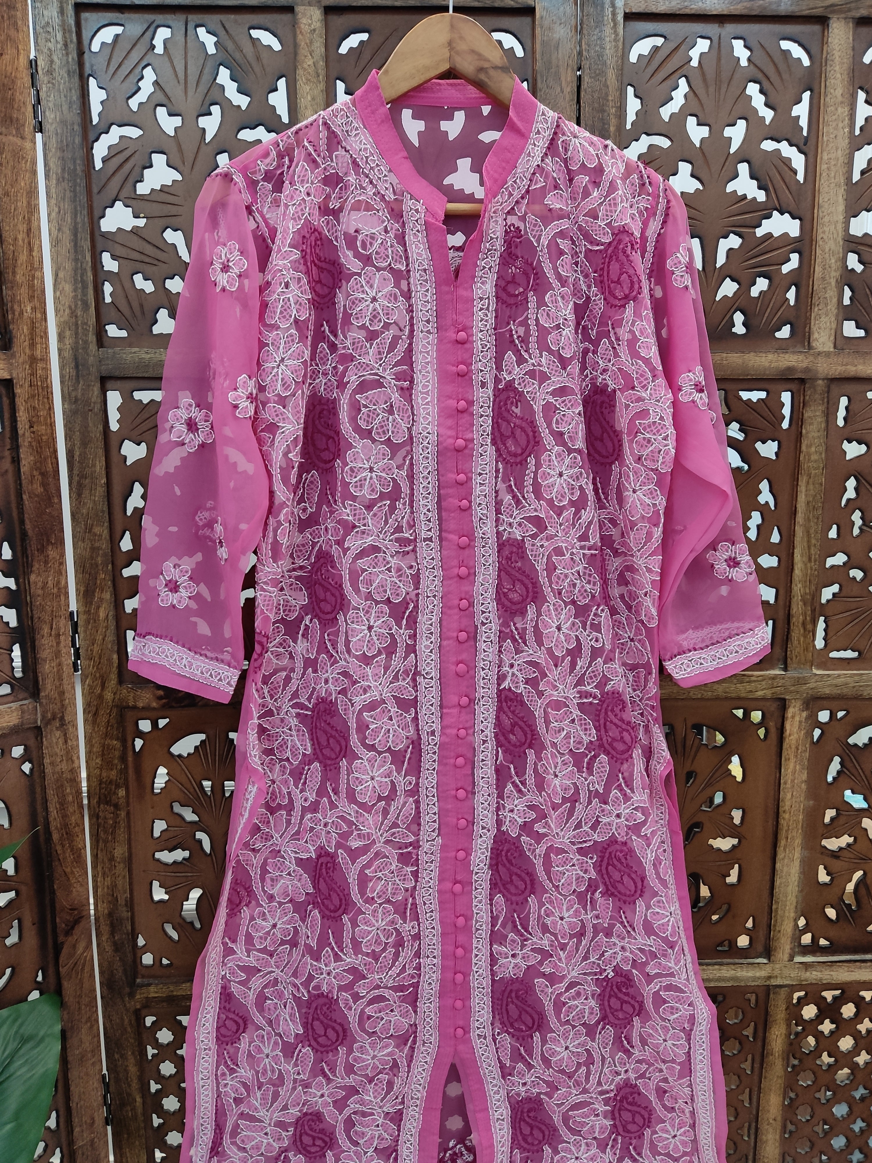 Rani Pink Georgette Chikankari Straight Kurti