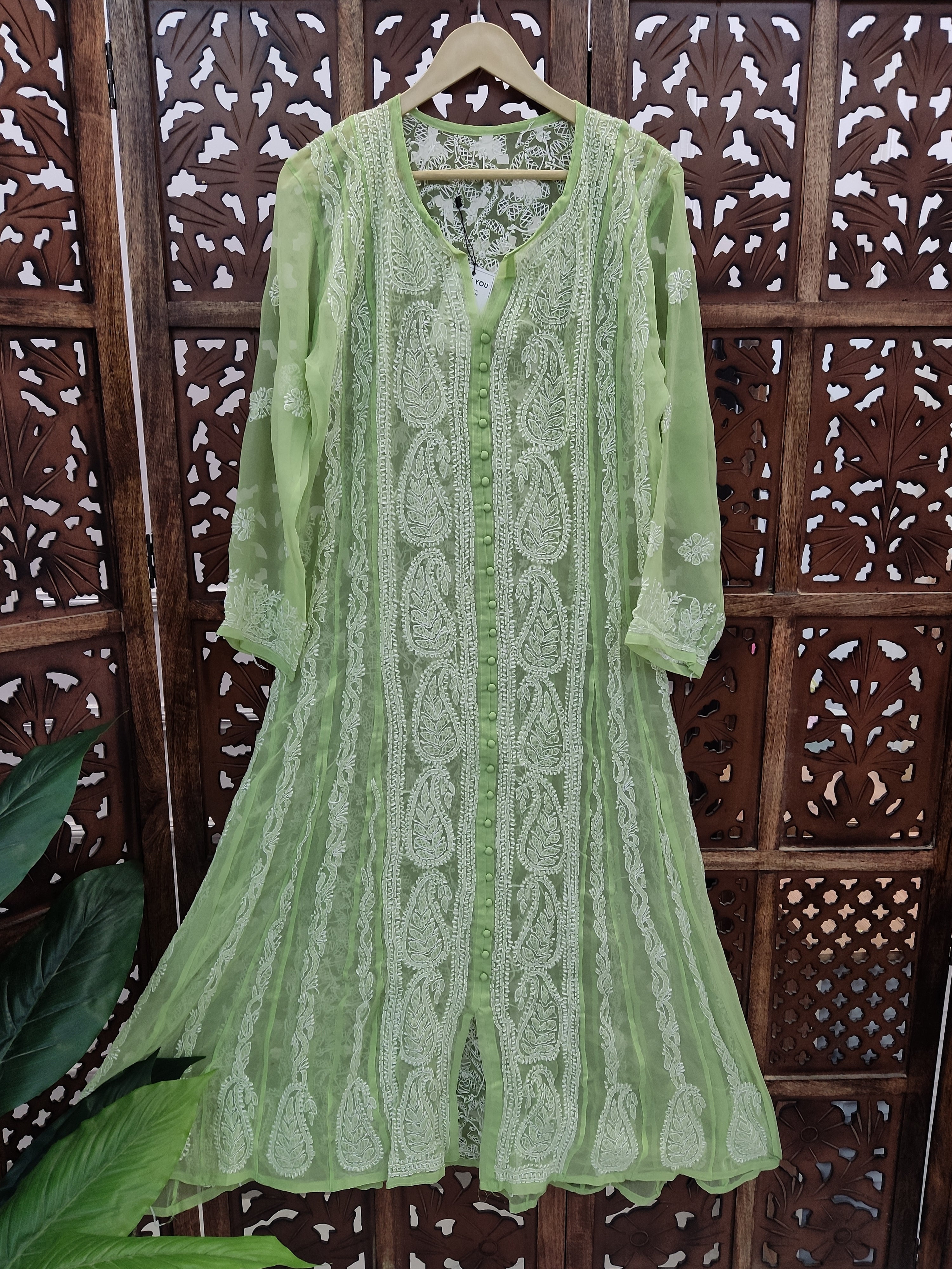 Pista Green Georgette Chikankari Straight Kurti