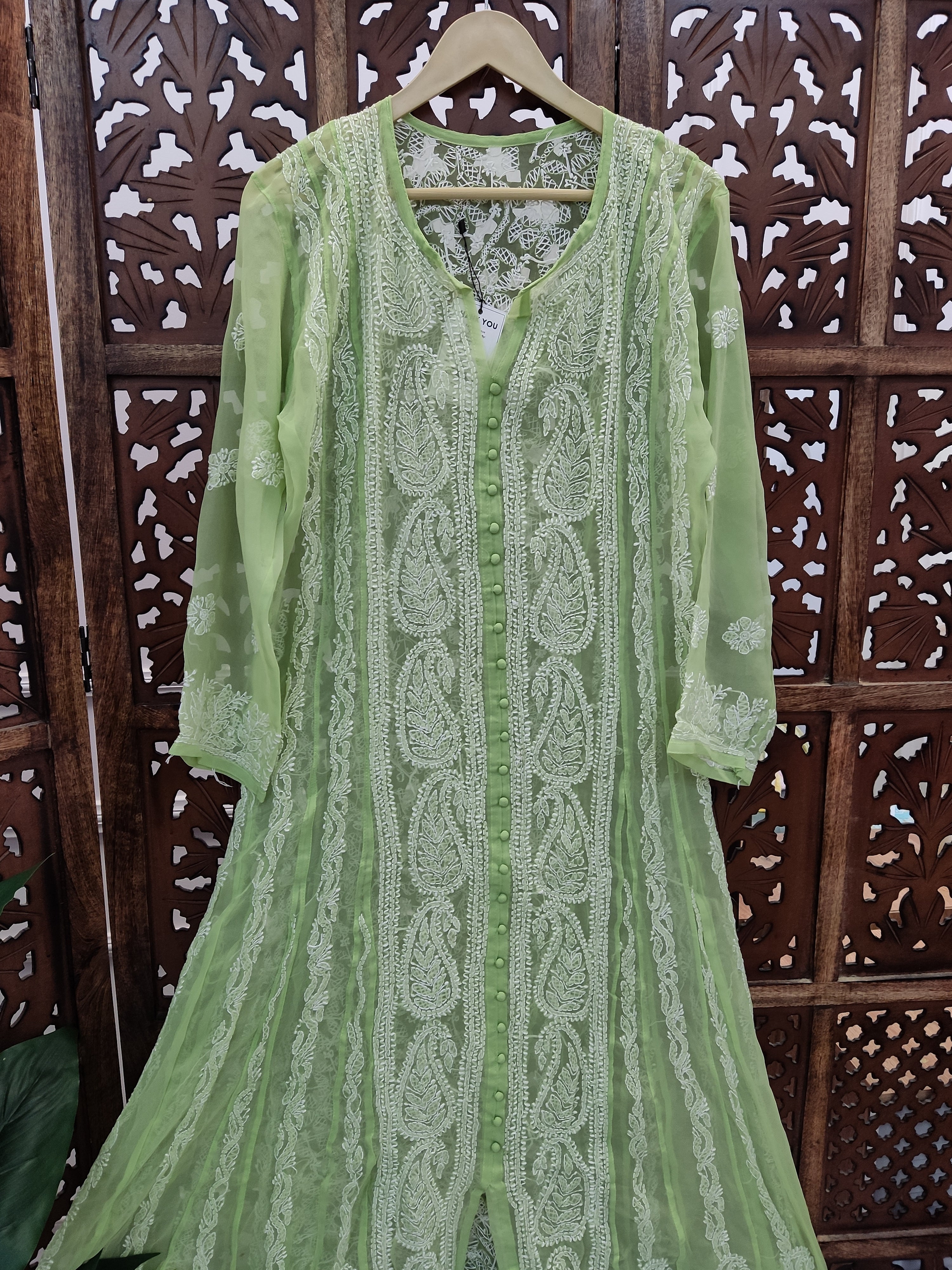 Pista Green Georgette Chikankari Straight Kurti