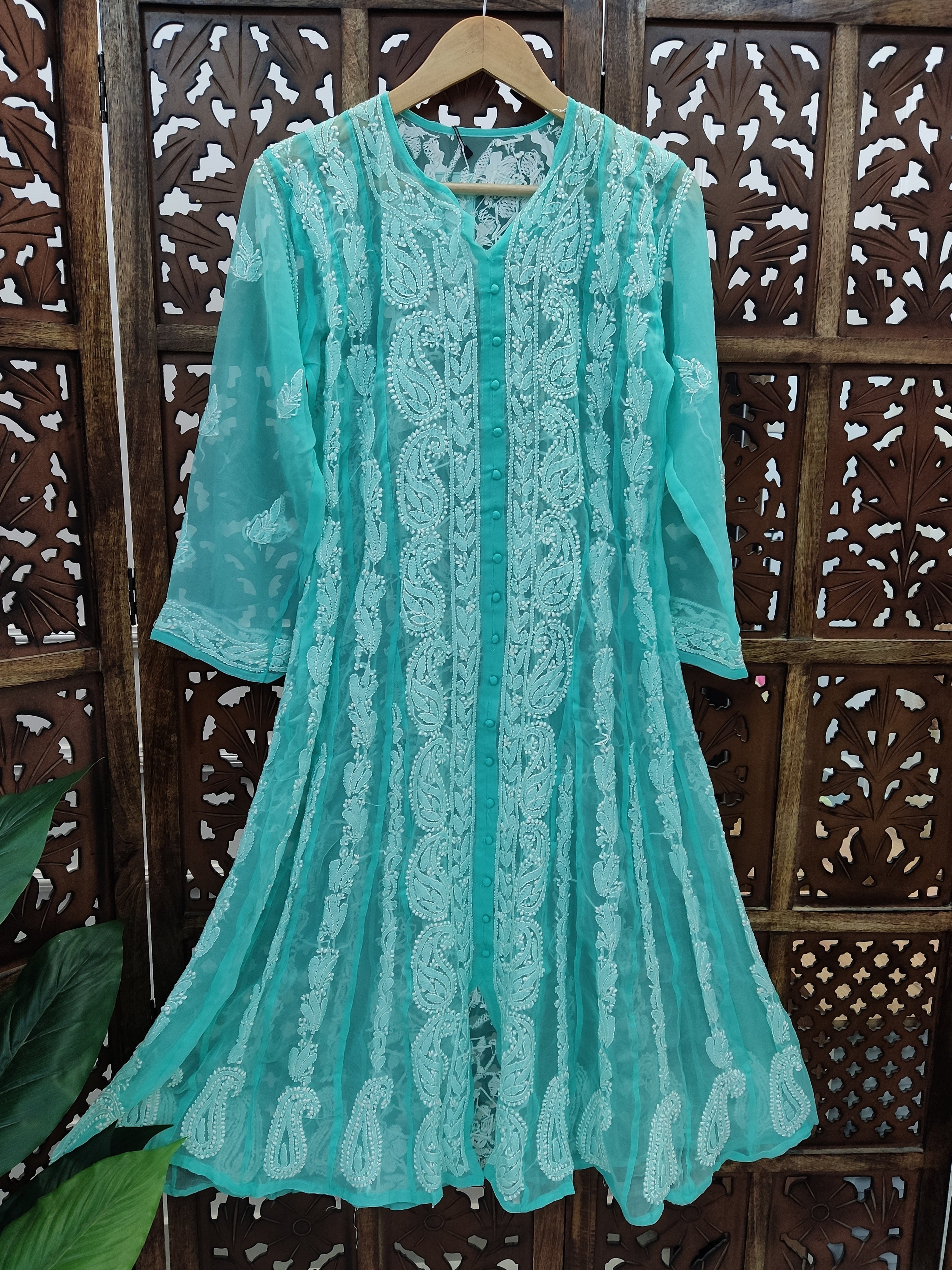 Sea Green Georgette Chikankari Straight Kurti