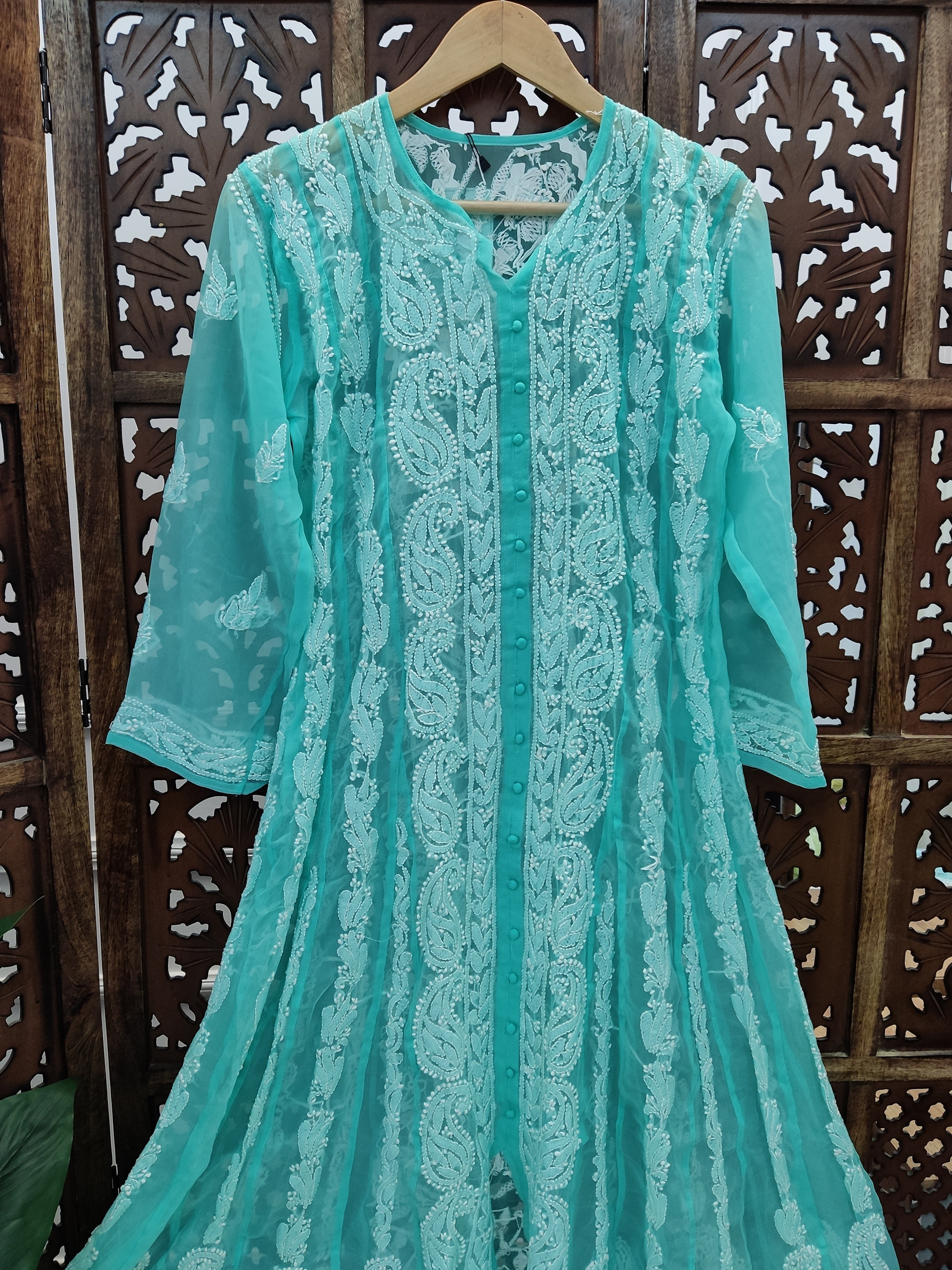 Sea Green Georgette Chikankari Straight Kurti