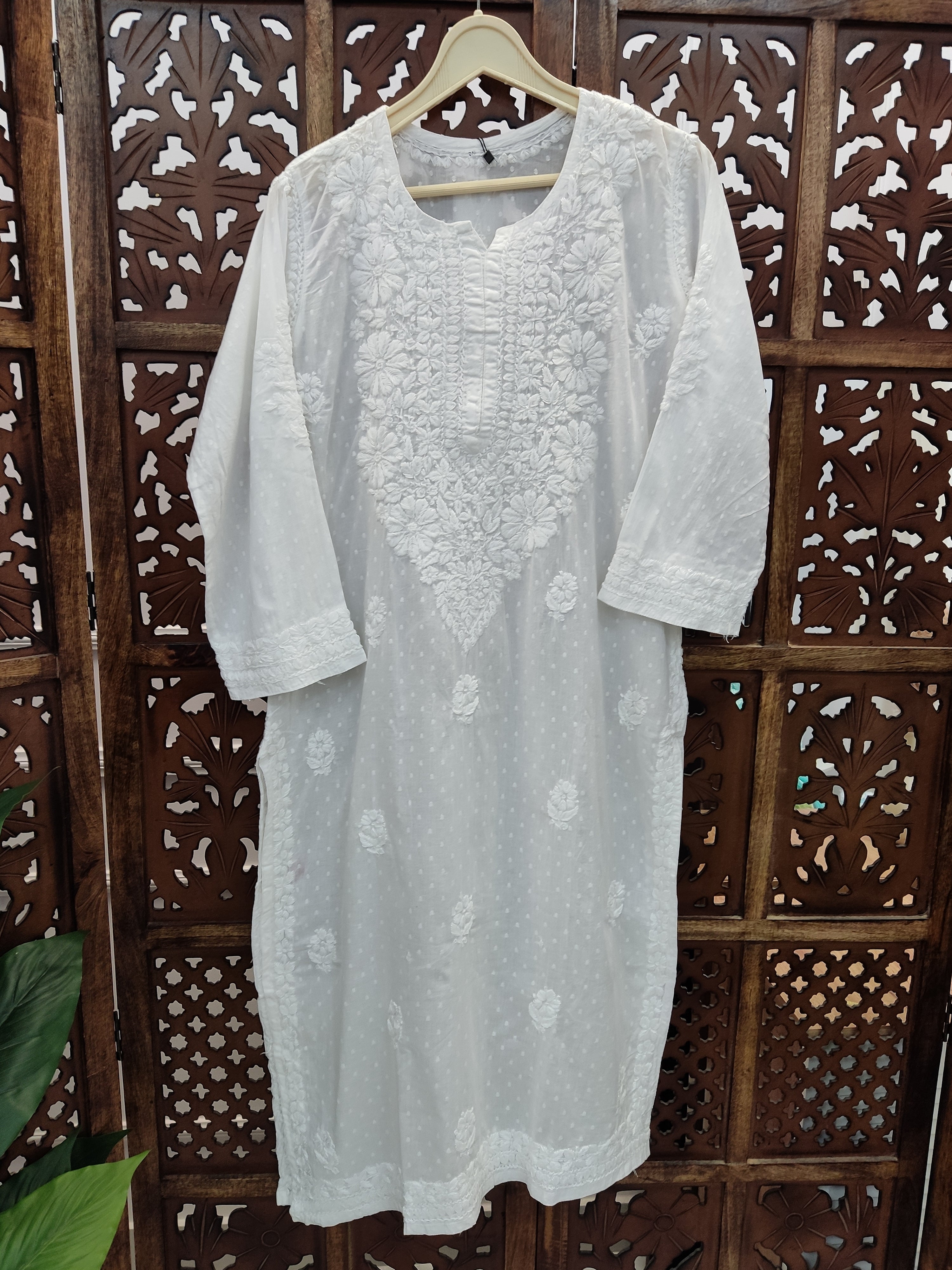 White Cotton Chikankari Straight Kurti