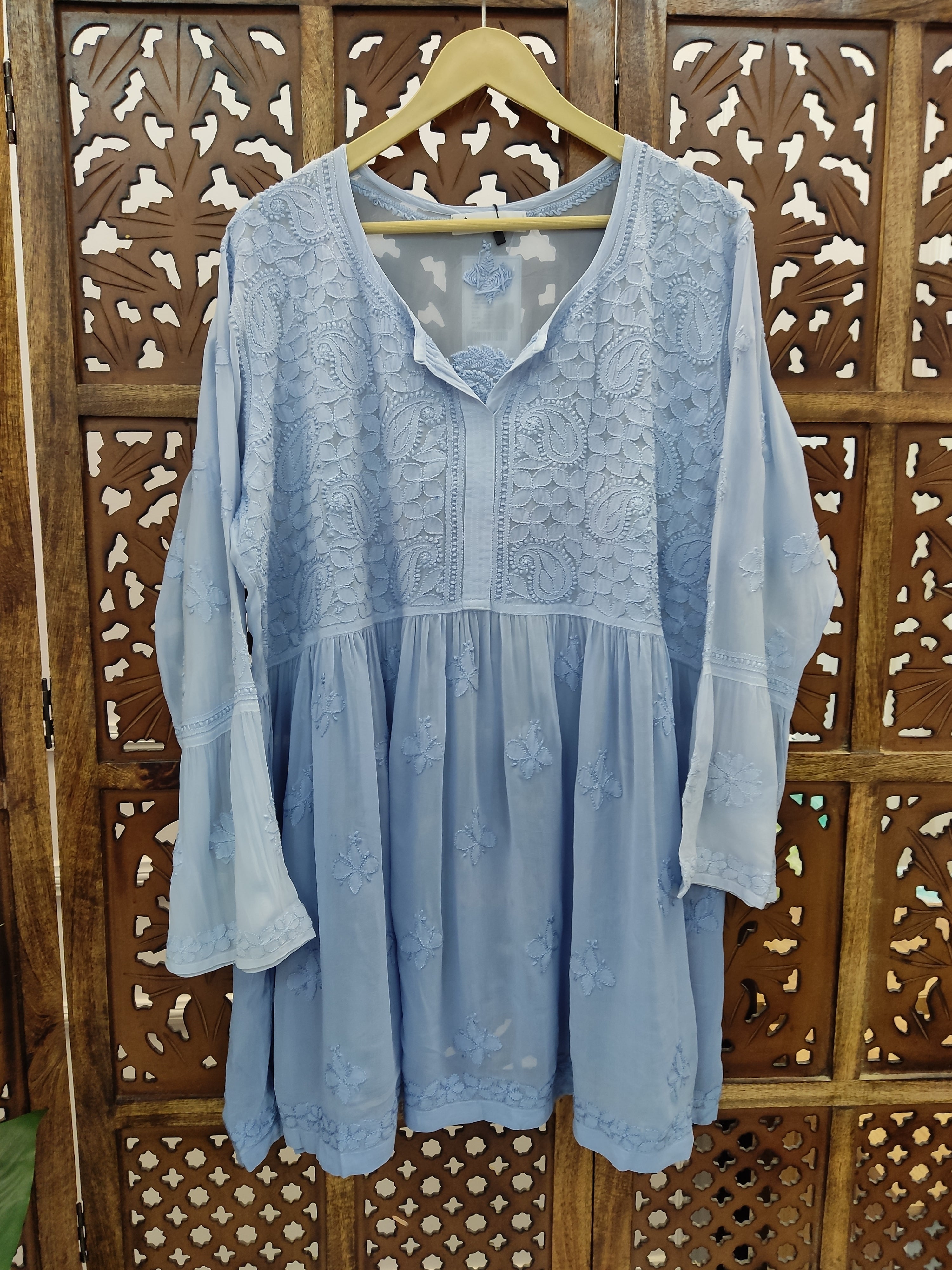 Powder Blue Viscose Chikankari Short Top