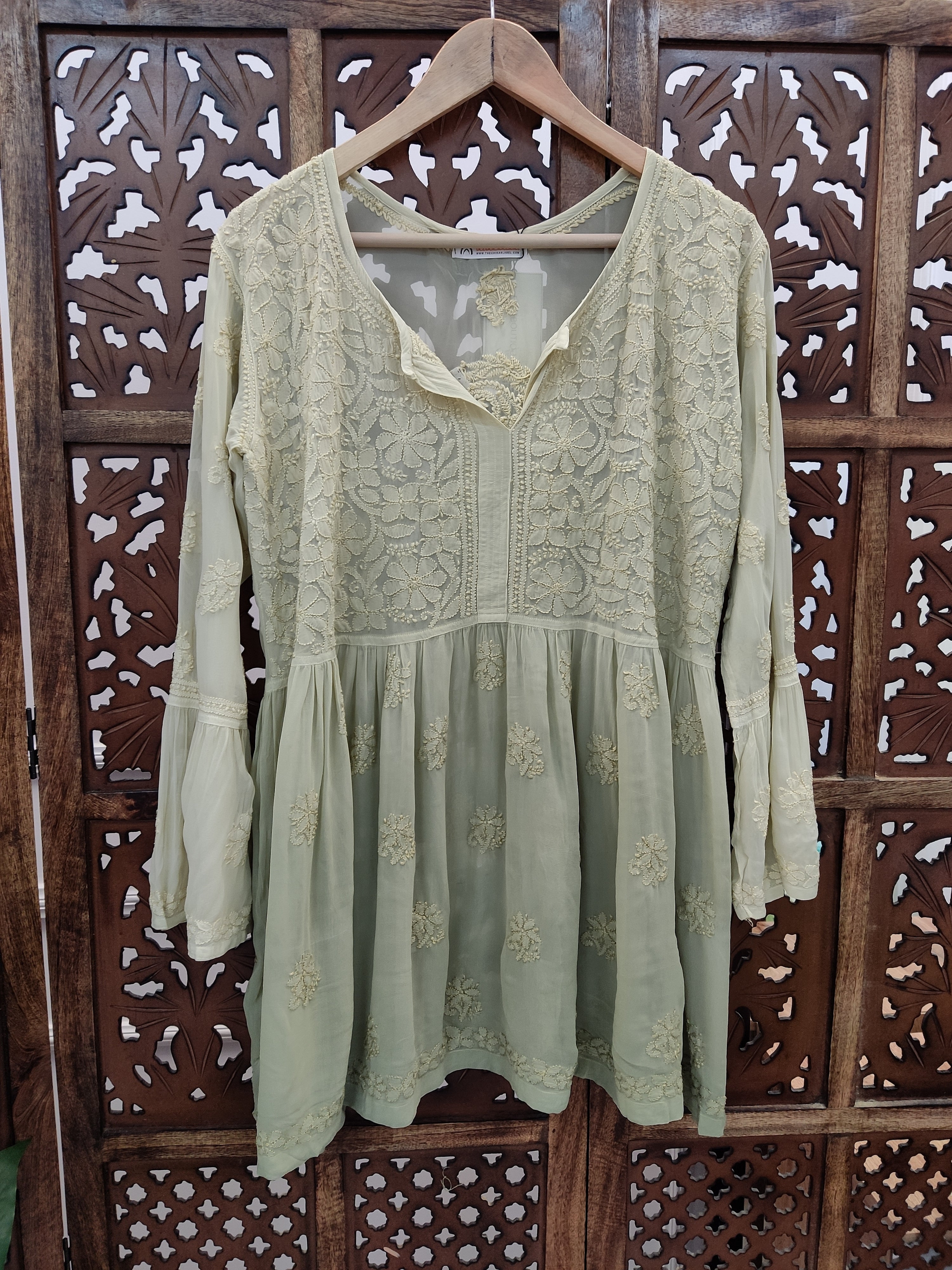 Green Viscose Chikankari Short Top