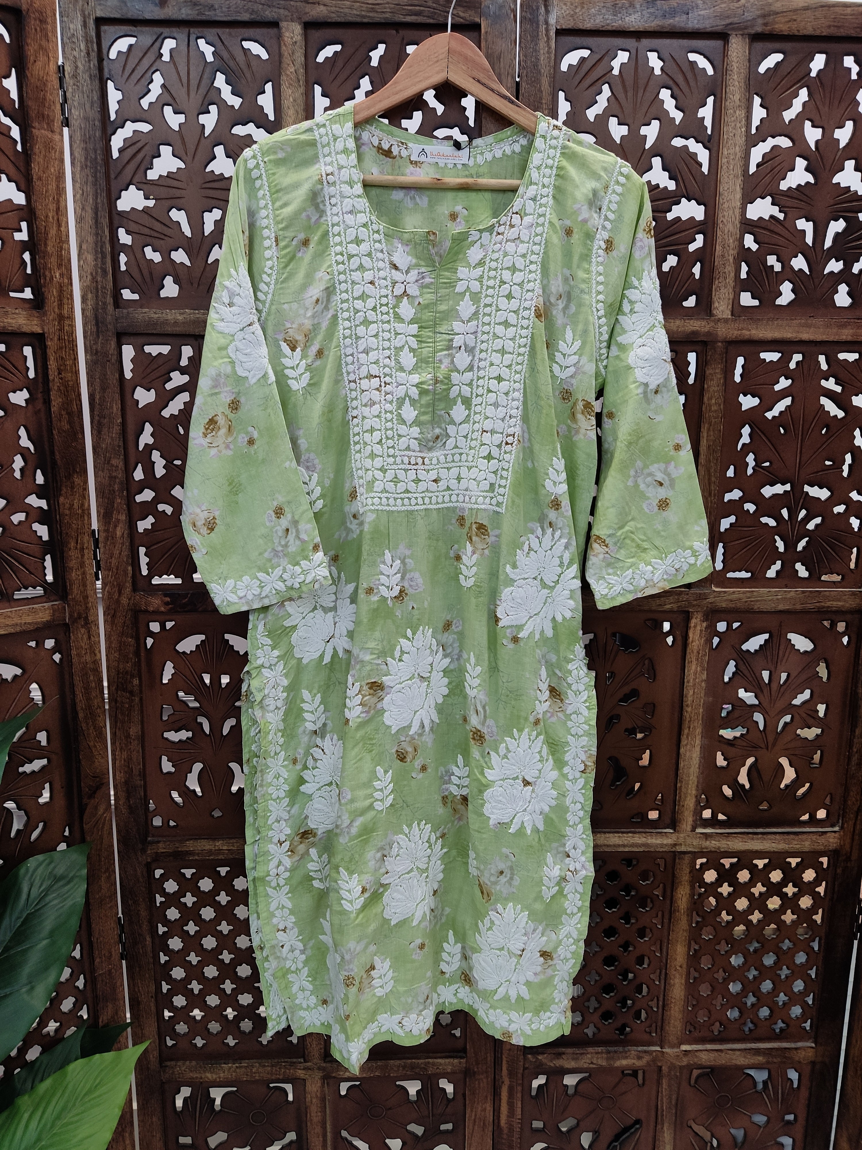 Pista Green Mulmul Printed Chikankari Straight Kurti