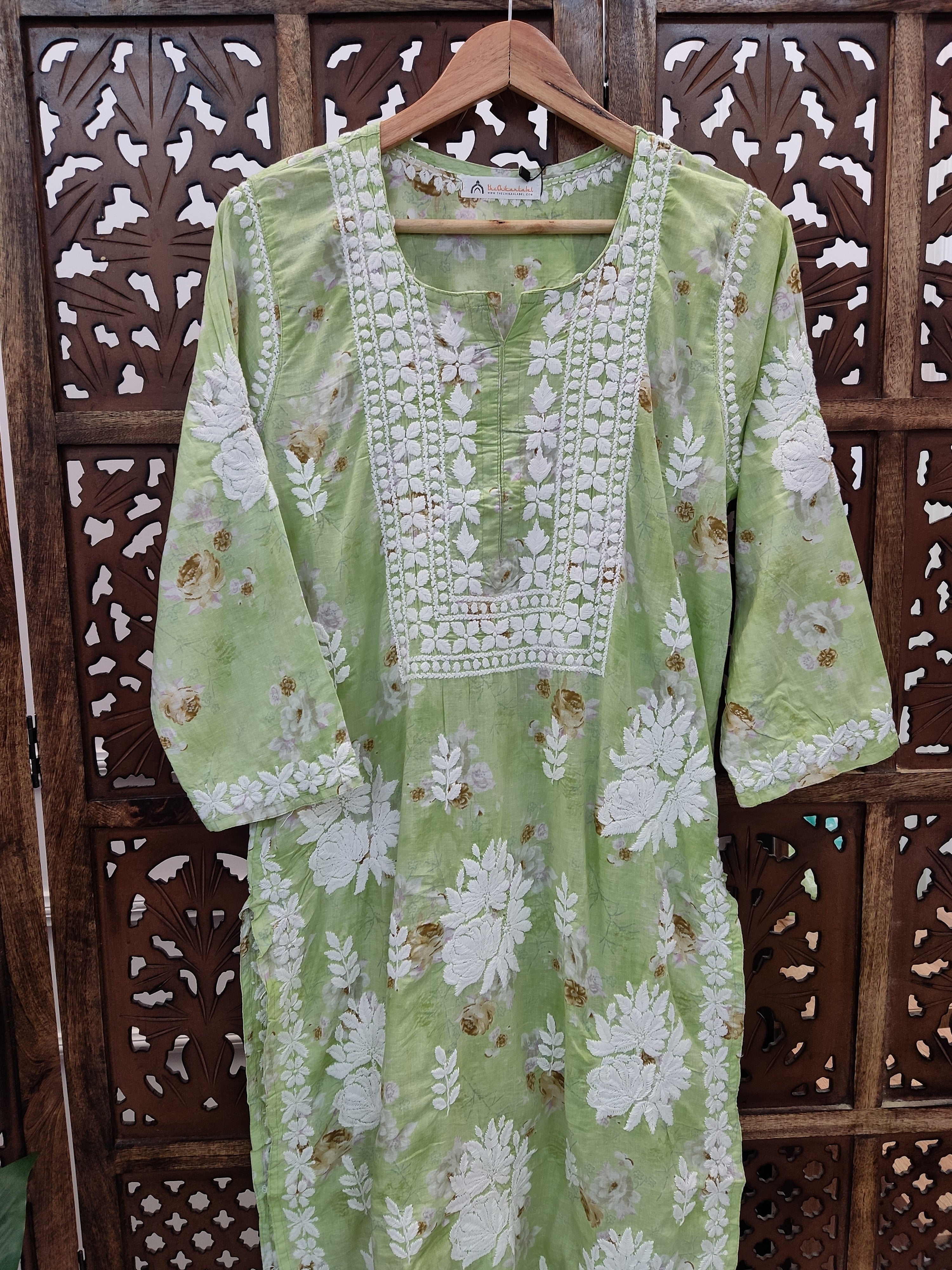 Pista Green Mulmul Printed Chikankari Straight Kurti