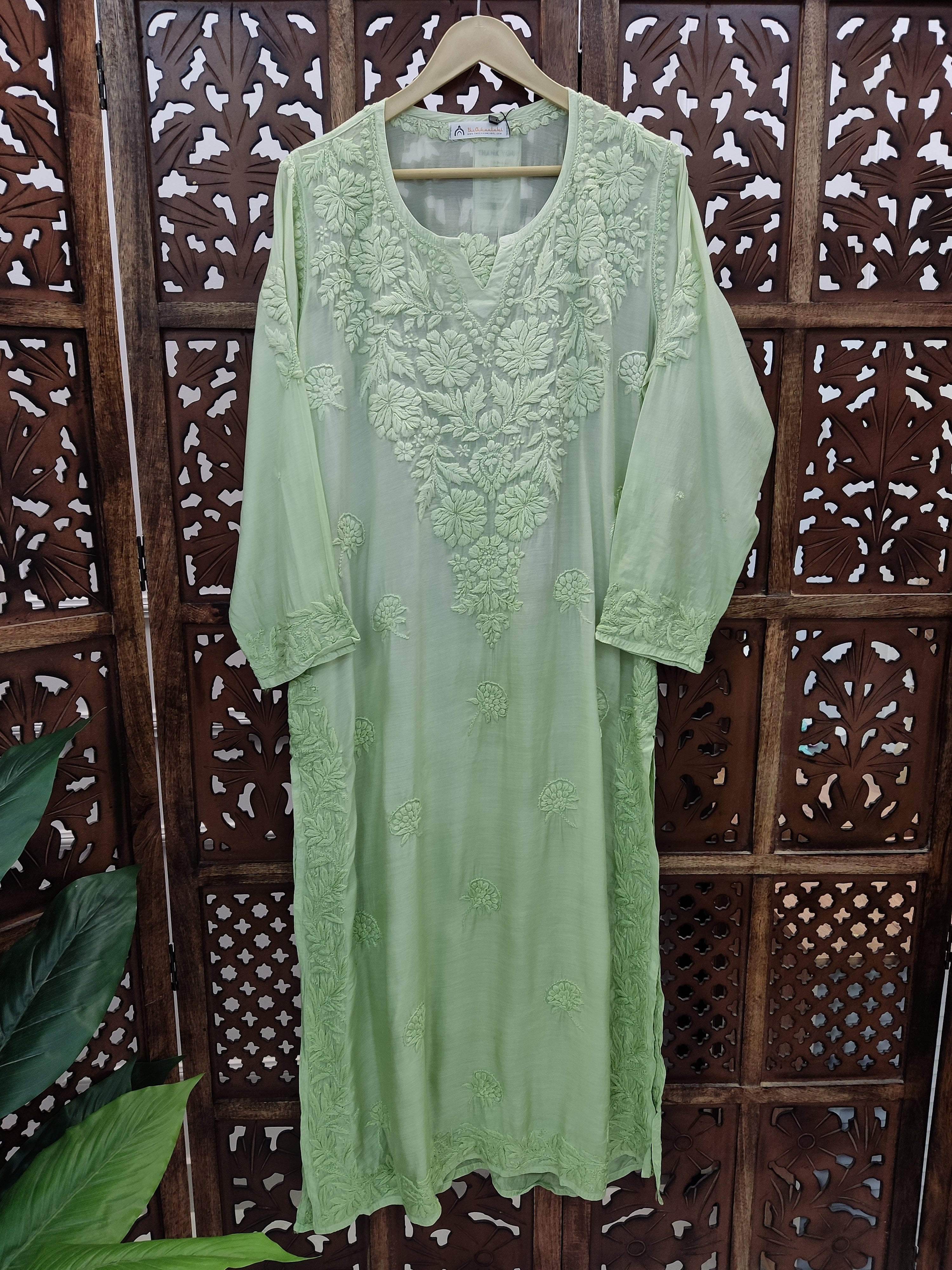 Pista Green Muslin Chikankari Straight Kurti