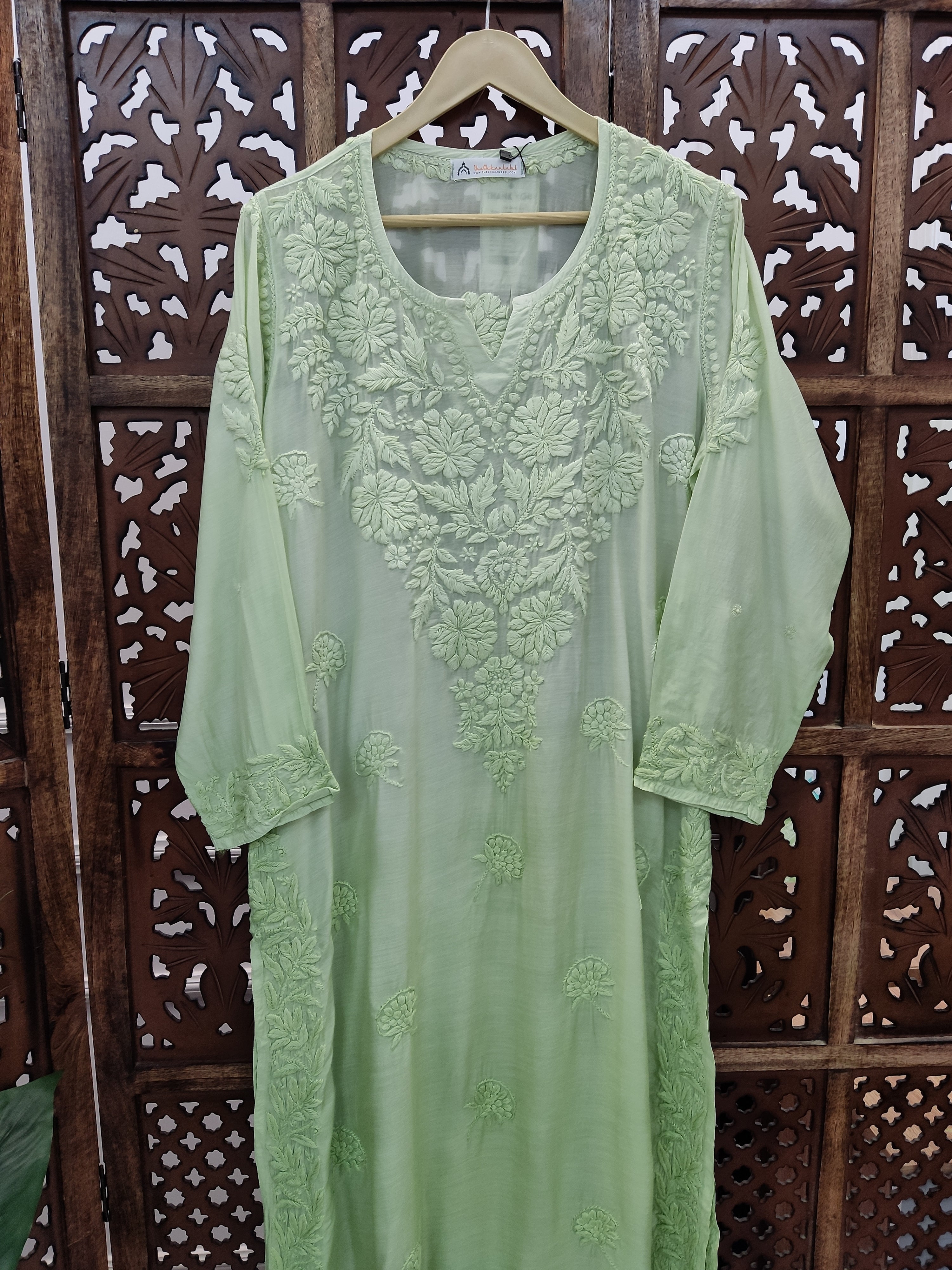 Pista Green Muslin Chikankari Straight Kurti