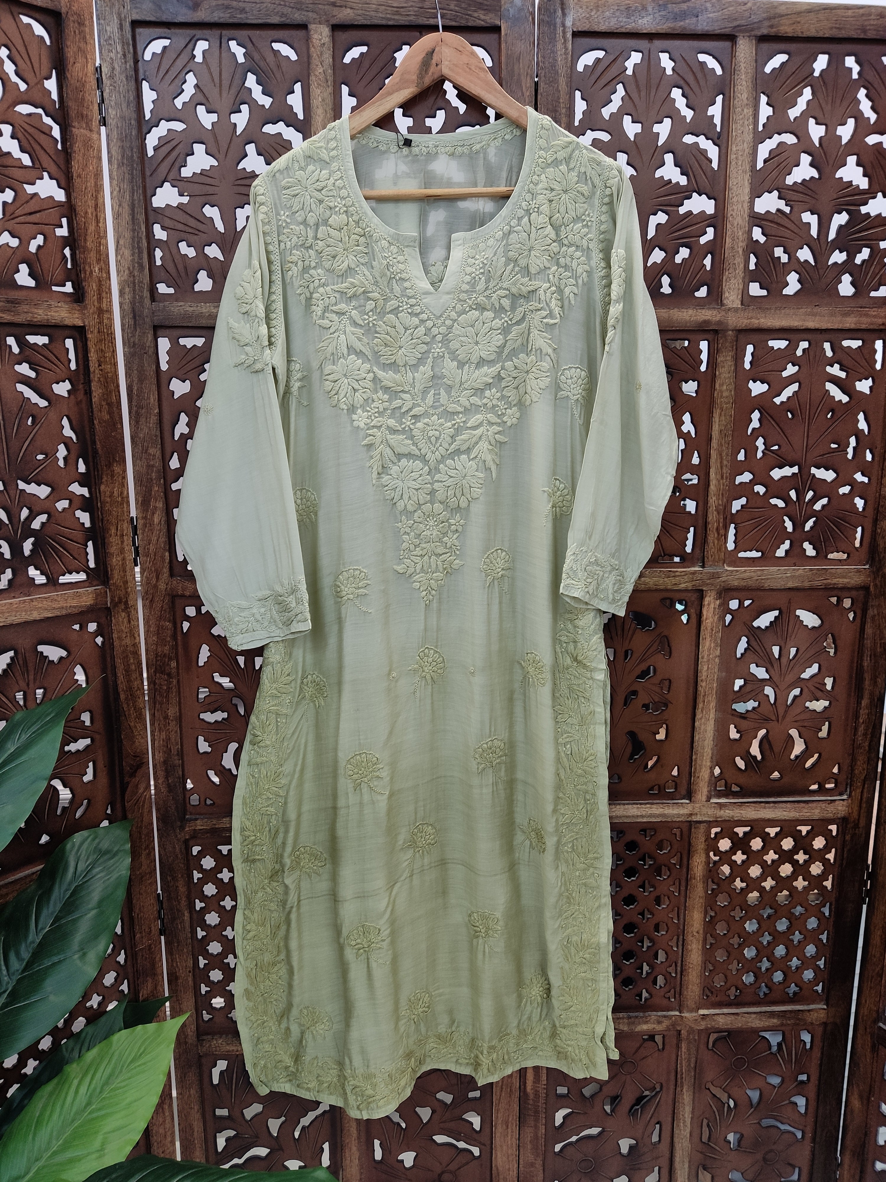 Mehndi Green Muslin Chikankari Straight Kurti