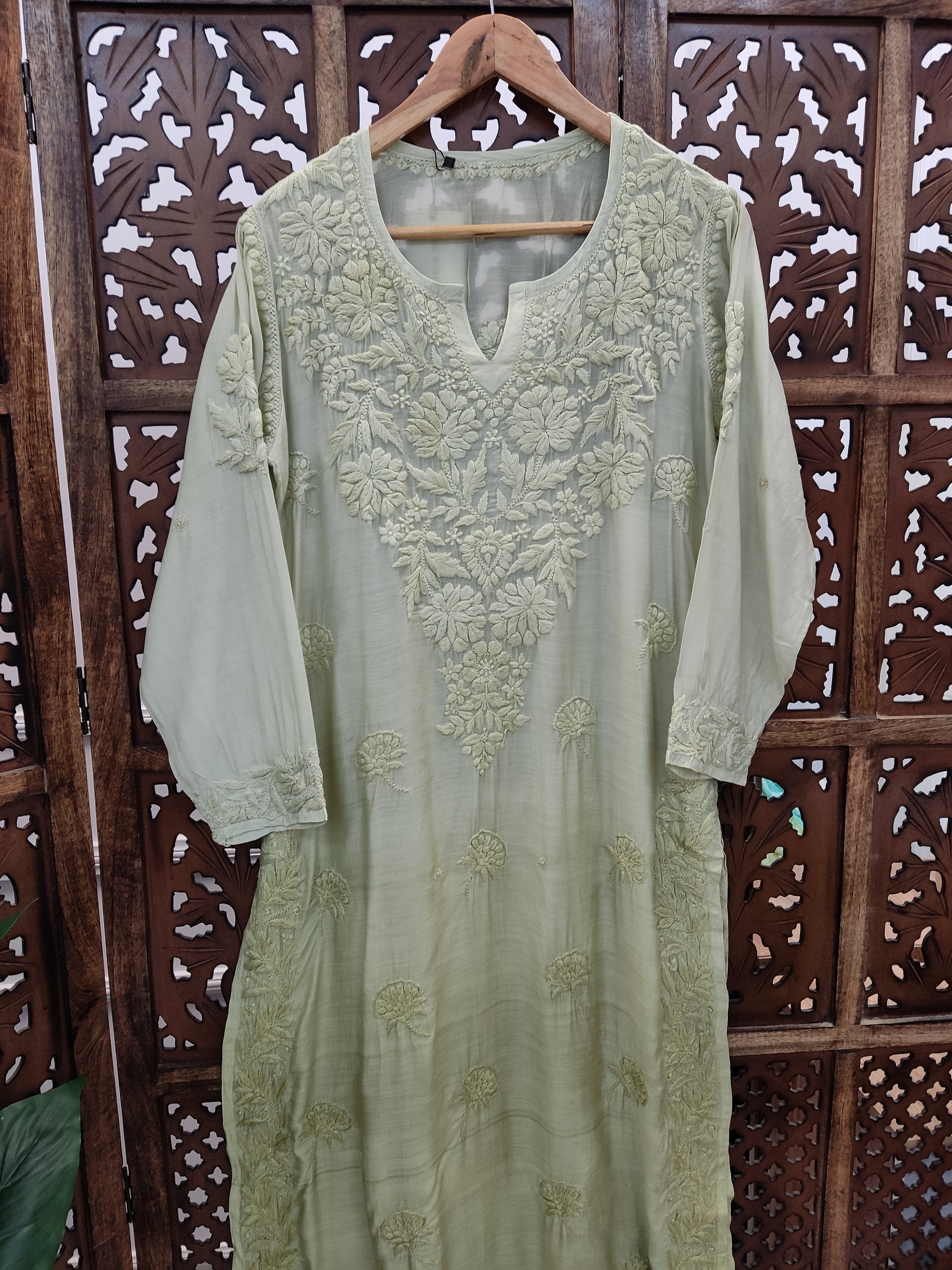 Mehndi Green Muslin Chikankari Straight Kurti