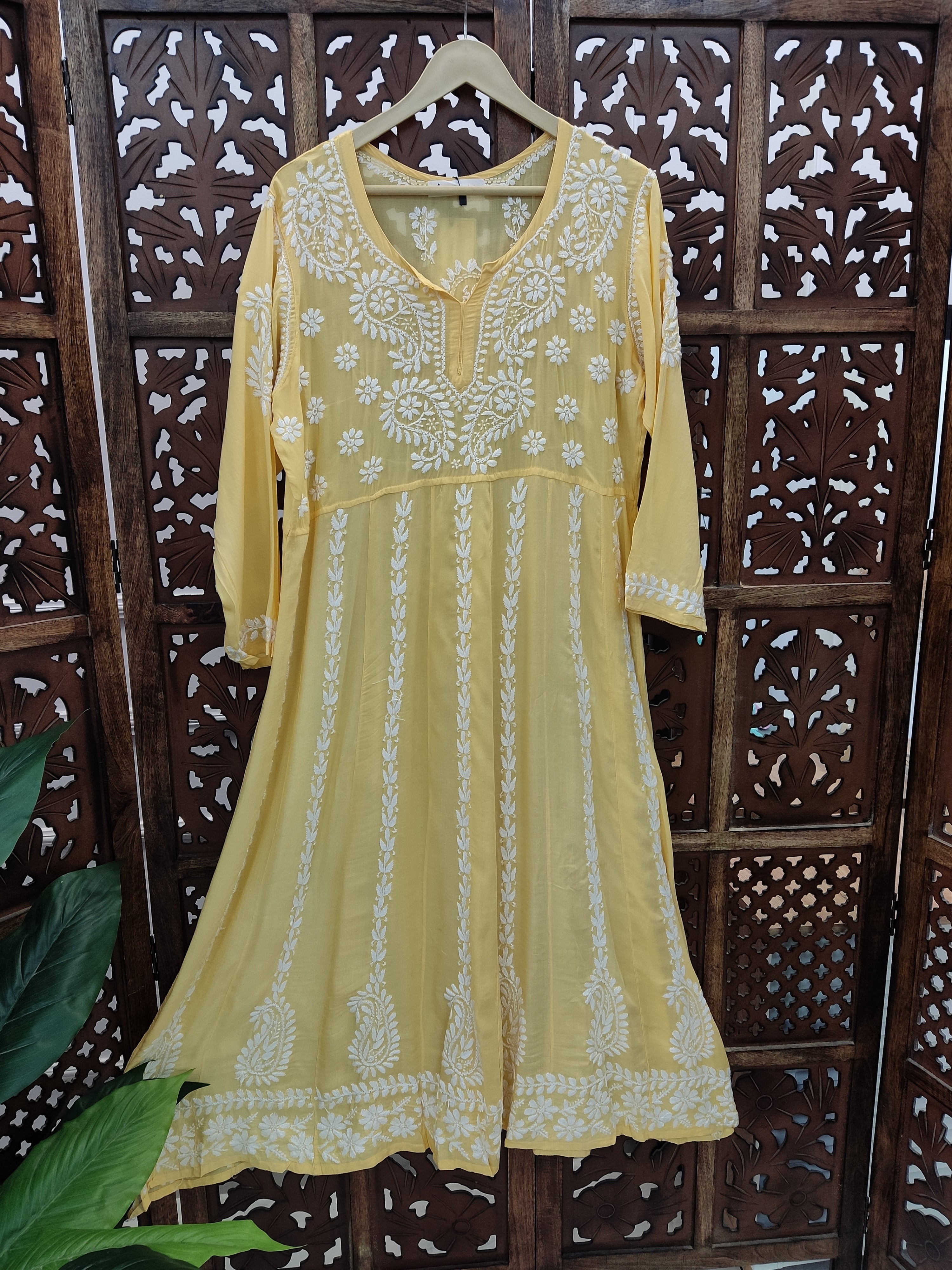 Yellow Modal Chikankari Anarkali Kurti