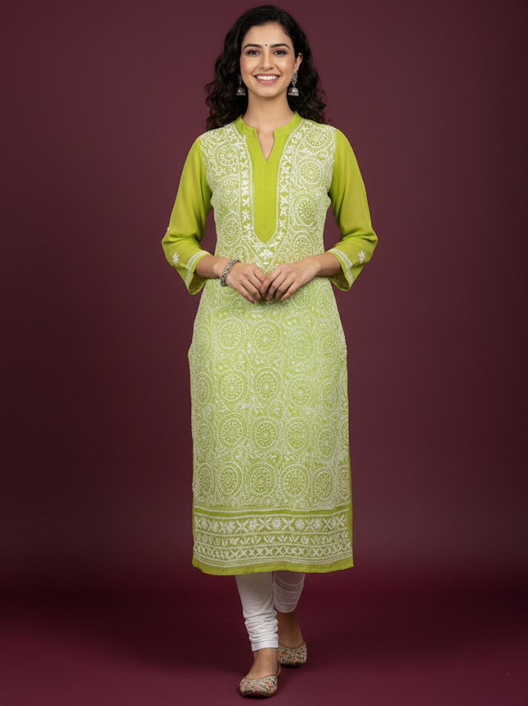 Pista Green Georgette Chikankari Straight Kurti