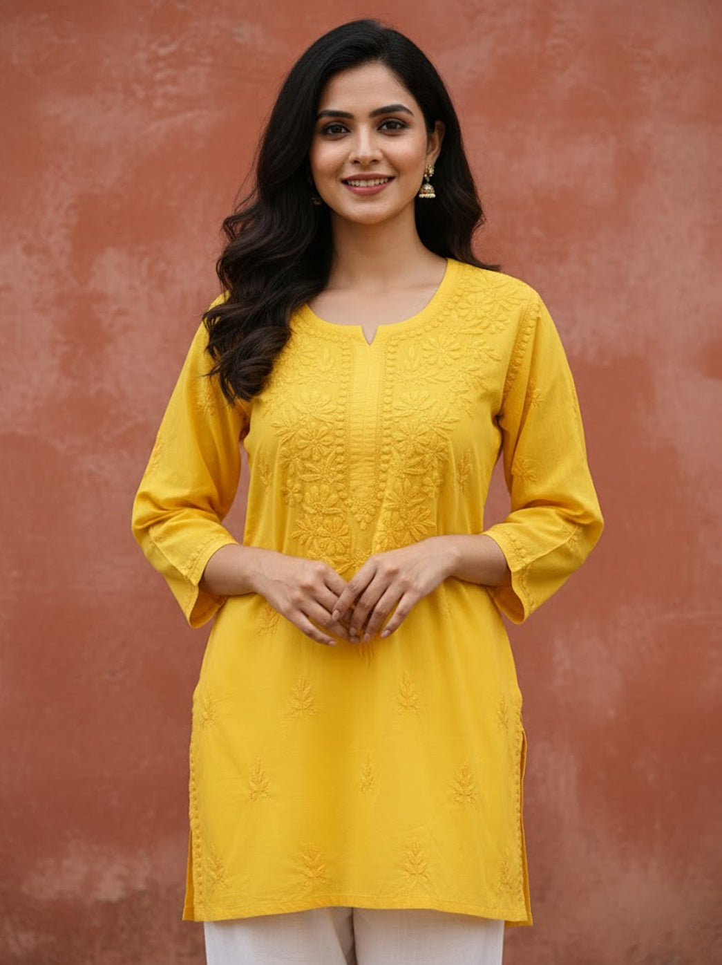 Yellow Cotton Chikankari Short Kurti