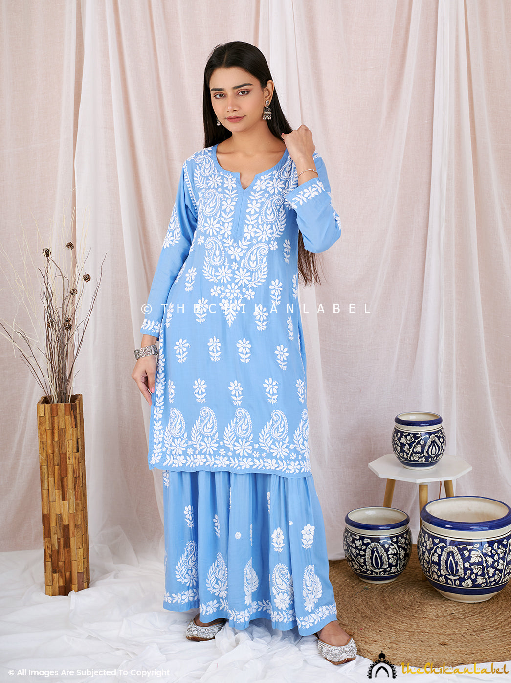 Powder Blue Sun Modal Chikankari Kurta Garara Set , Chikankari Kurta Garara Set in Modal Fabric For Woman