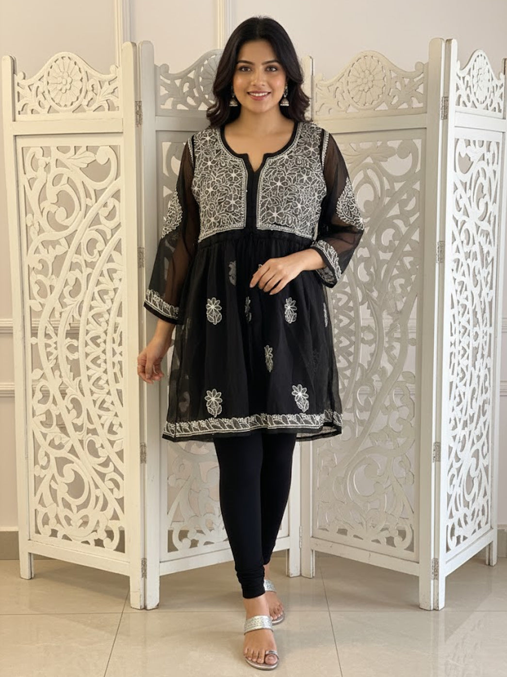 Black Georgette Chikankari Tunic Top