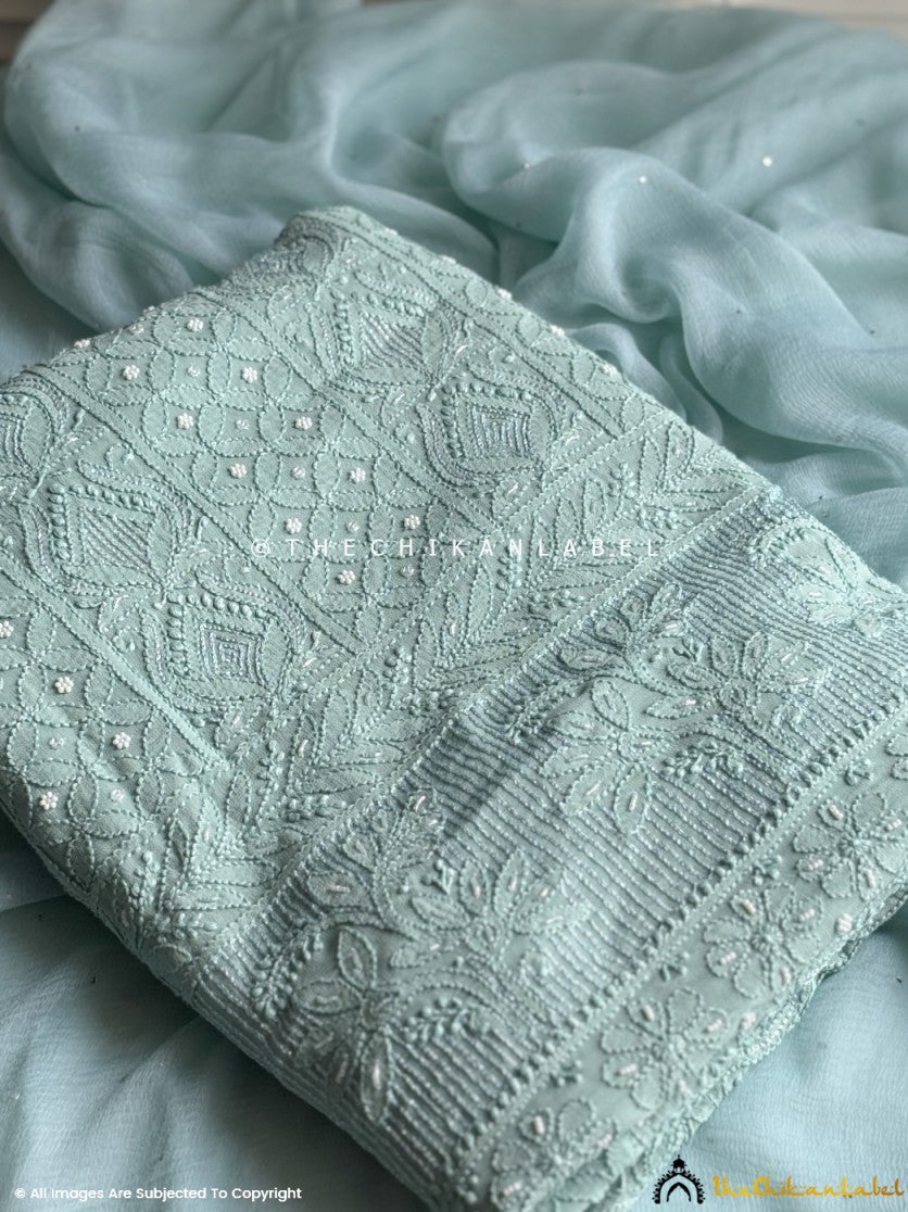 Sea Green Irya Viscose Chikankari Un-Stitched Pearl work Suit with Dupatta