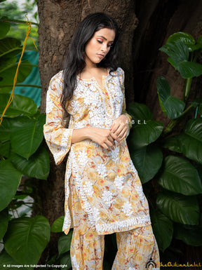Yellow Tarz Mulmul Cotton Chikankari Kurti Garara Set
