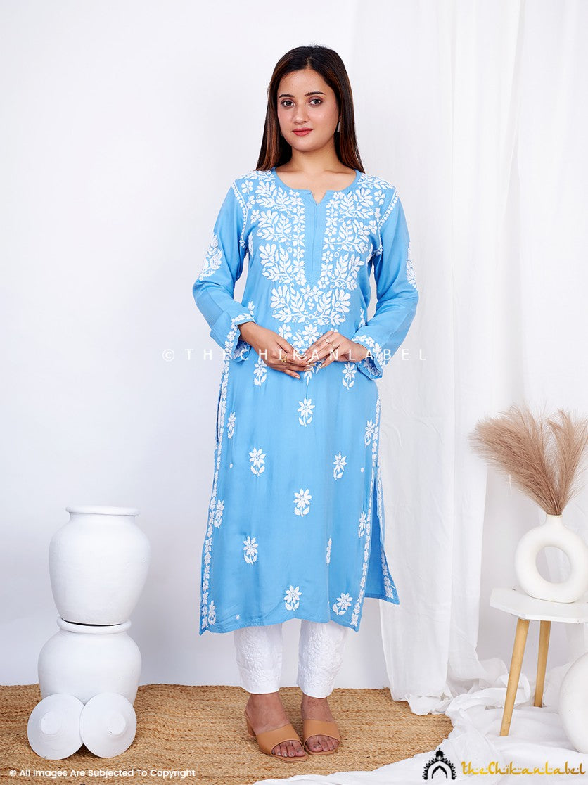 Powder Blue Binal Rayon Chikankari Straight Kurti