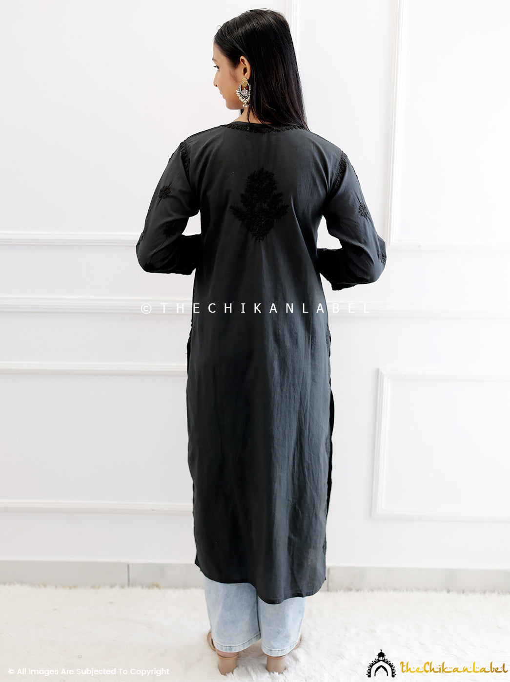 Black Cotton Chikankari Straight Kurti