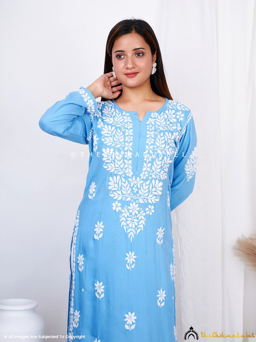 Powder Blue Binal Rayon Chikankari Straight Kurti
