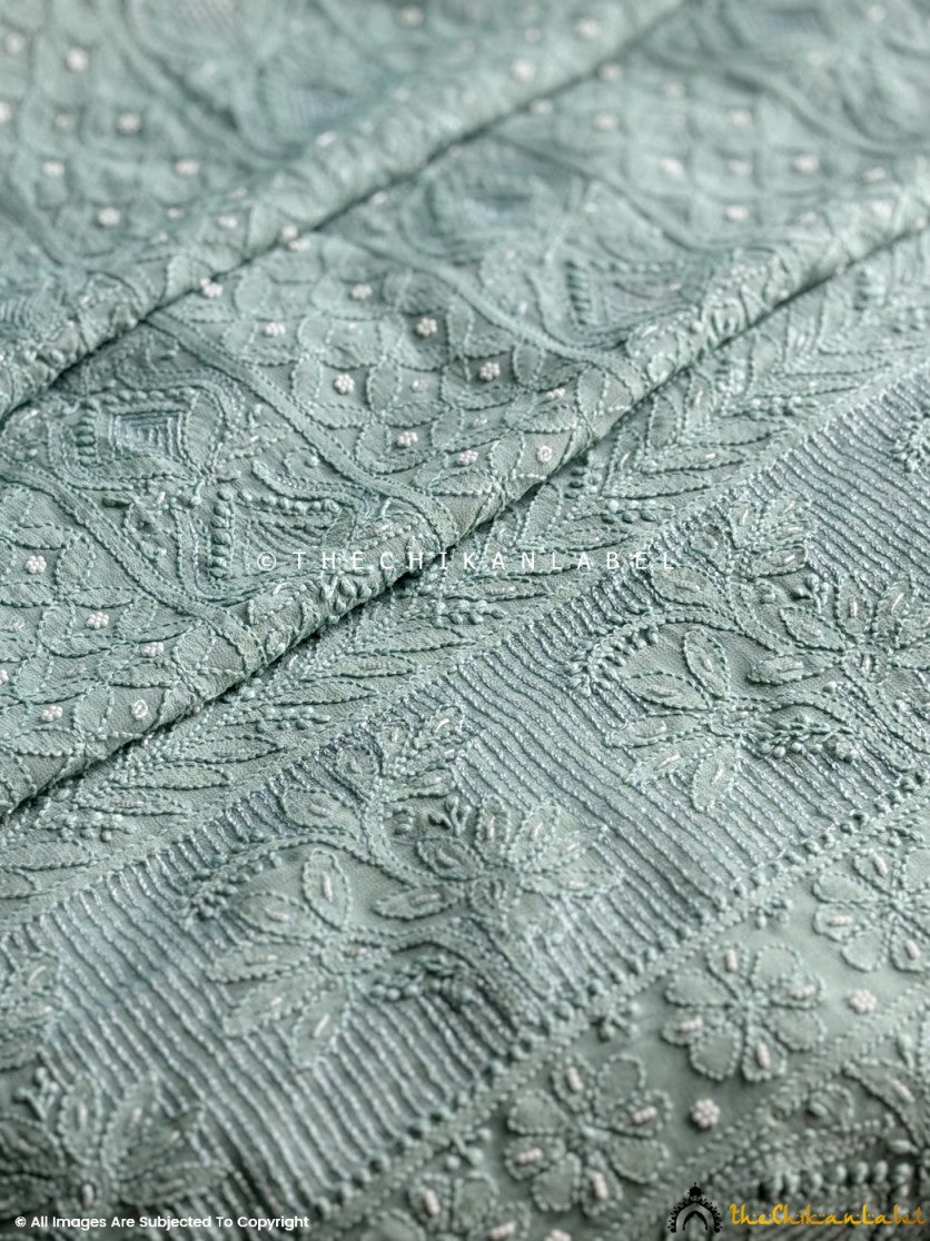 Sea Green Irya Viscose Chikankari Un-Stitched Pearl work Suit with Dupatta