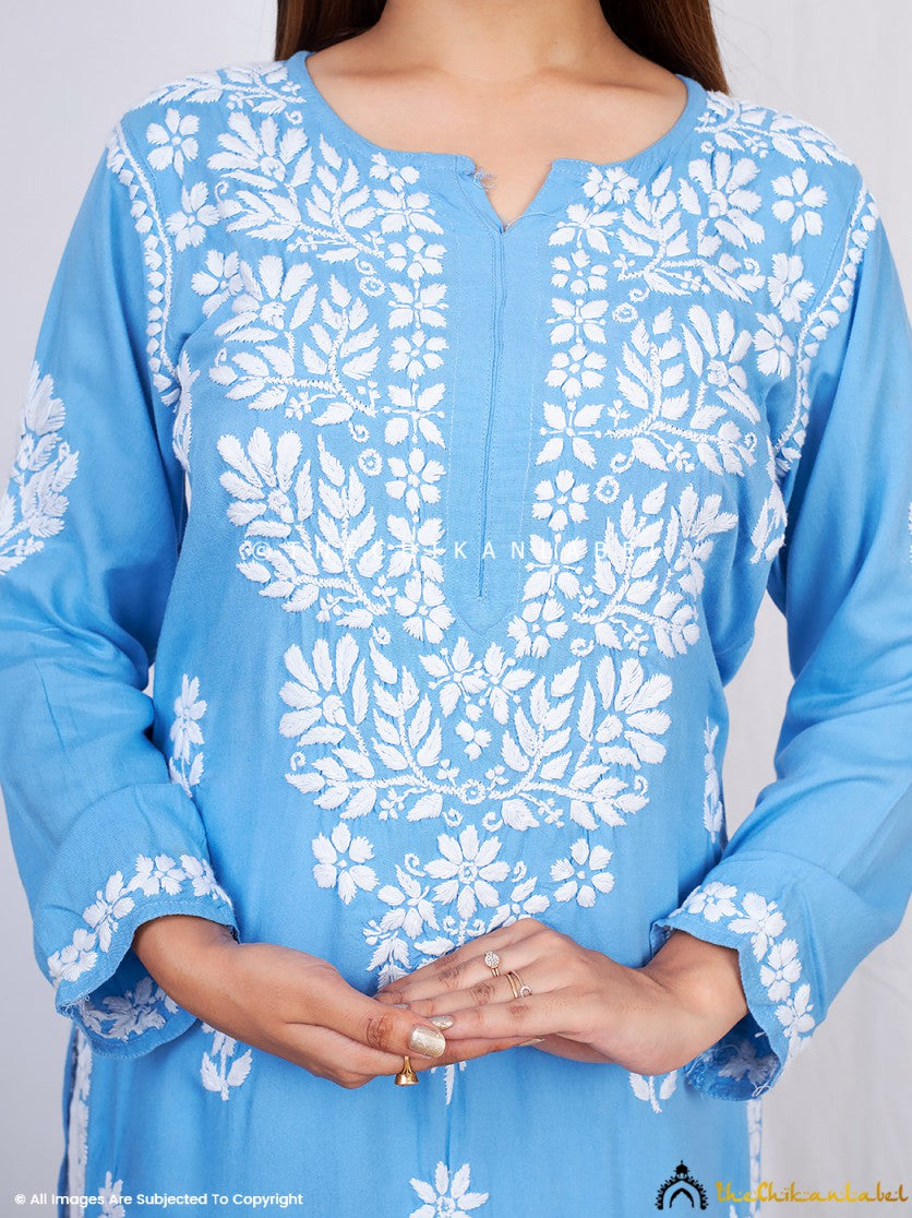 Powder Blue Binal Rayon Chikankari Straight Kurti