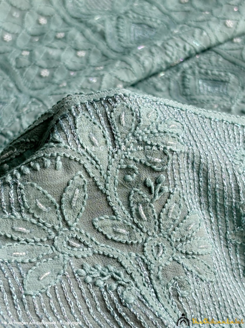 Sea Green Irya Viscose Chikankari Un-Stitched Pearl work Suit with Dupatta