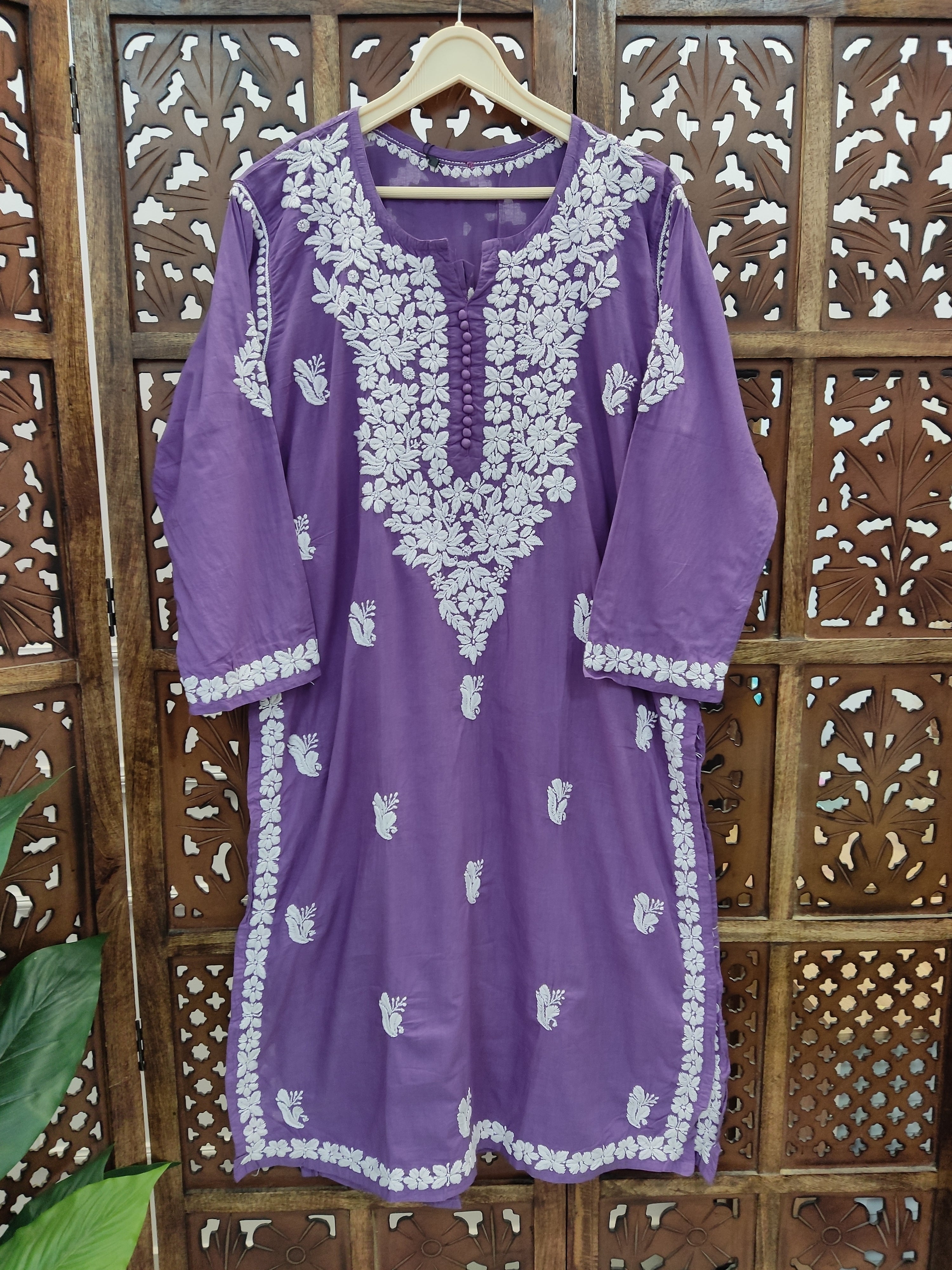 Mauve Cotton Chikankari Straight Kurti