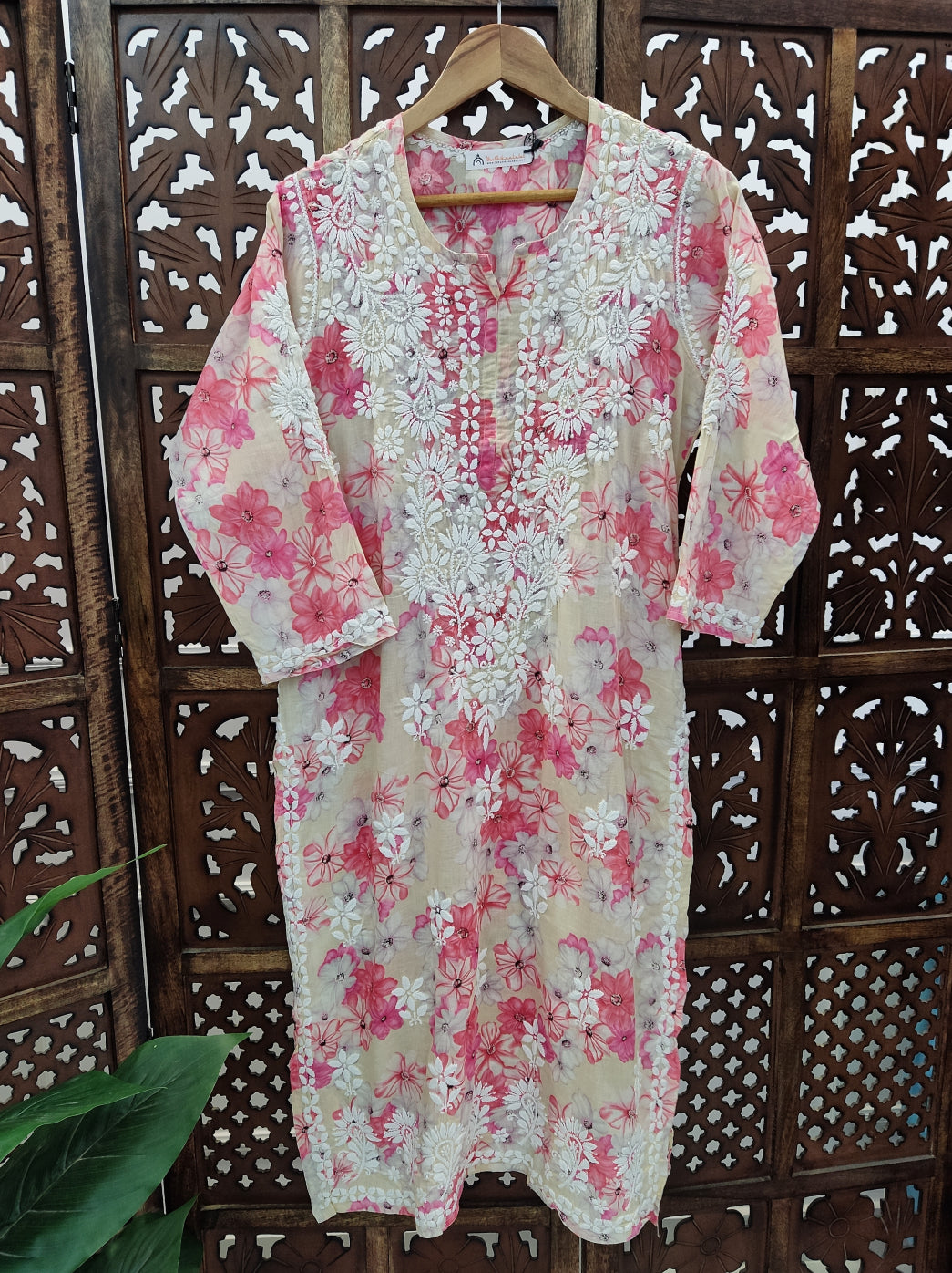 Beige Mulmul Printed Chikankari Straight Kurti